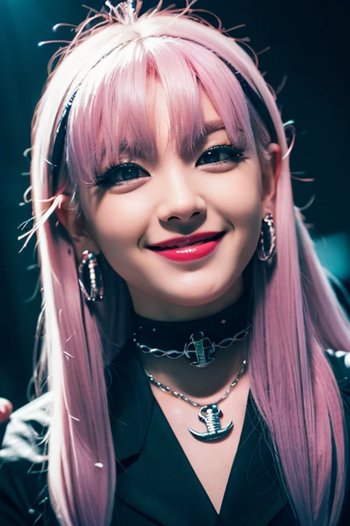 ongeyelashes, solid circle eyes, light smile, ear blush, fang, red hair, silver hair, gradient hair, long hair, messy hair, floating hair, crystal hair, expressive hair, wet hair, absurdly long hair, demon horns, anchor choker, rolling eyes, dilated pupils, tsurime, eyeball, pointy ears, earrings, clenched teeth, evil smile, crazy, Surrealism, drop shadow, anaglyph, stereogram, tachi-e, pov, atmospheric perspective, Cubist Futurism, Futurism, Genre painting, chiaroscuro, depth of field, cinematic lighting, sparkle, first-person view, super detail, ccurate, best quality, 16k, best quality,