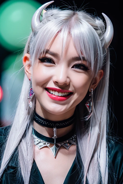 ongeyelashes, solid circle eyes, light smile, ear blush, fang, red hair, silver hair, gradient hair, long hair, messy hair, floating hair, crystal hair, expressive hair, wet hair, absurdly long hair, demon horns, anchor choker, rolling eyes, dilated pupils, tsurime, eyeball, pointy ears, earrings, clenched teeth, evil smile, crazy, Surrealism, drop shadow, anaglyph, stereogram, tachi-e, pov, atmospheric perspective, Cubist Futurism, Futurism, Genre painting, chiaroscuro, depth of field, cinematic lighting, sparkle, first-person view, super detail, ccurate, best quality, 16k, best quality,