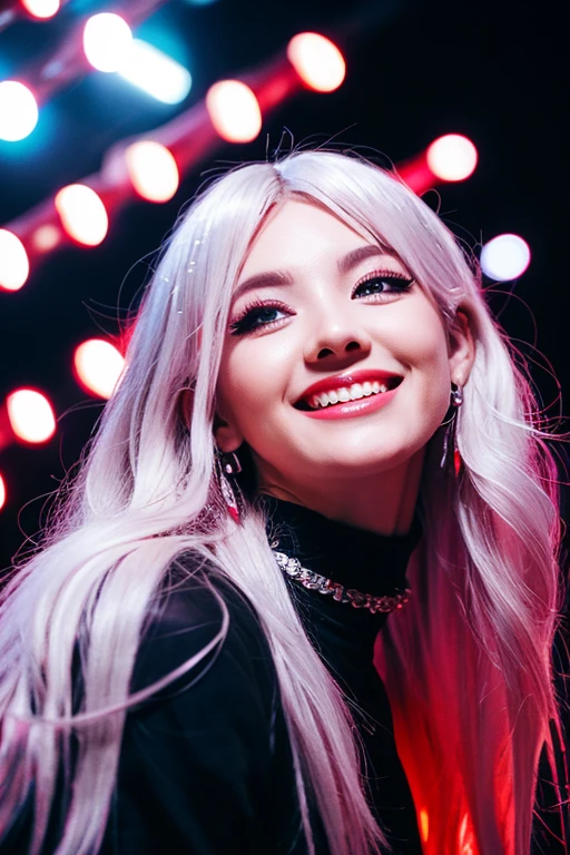 ongeyelashes, solid circle eyes, light smile, ear blush, fang, red hair, silver hair, gradient hair, long hair, messy hair, floating hair, crystal hair, expressive hair, wet hair, absurdly long hair, demon horns, anchor choker, rolling eyes, dilated pupils, tsurime, eyeball, pointy ears, earrings, clenched teeth, evil smile, crazy, Surrealism, drop shadow, anaglyph, stereogram, tachi-e, pov, atmospheric perspective, Cubist Futurism, Futurism, Genre painting, chiaroscuro, depth of field, cinematic lighting, sparkle, first-person view, super detail, ccurate, best quality, 16k, best quality,