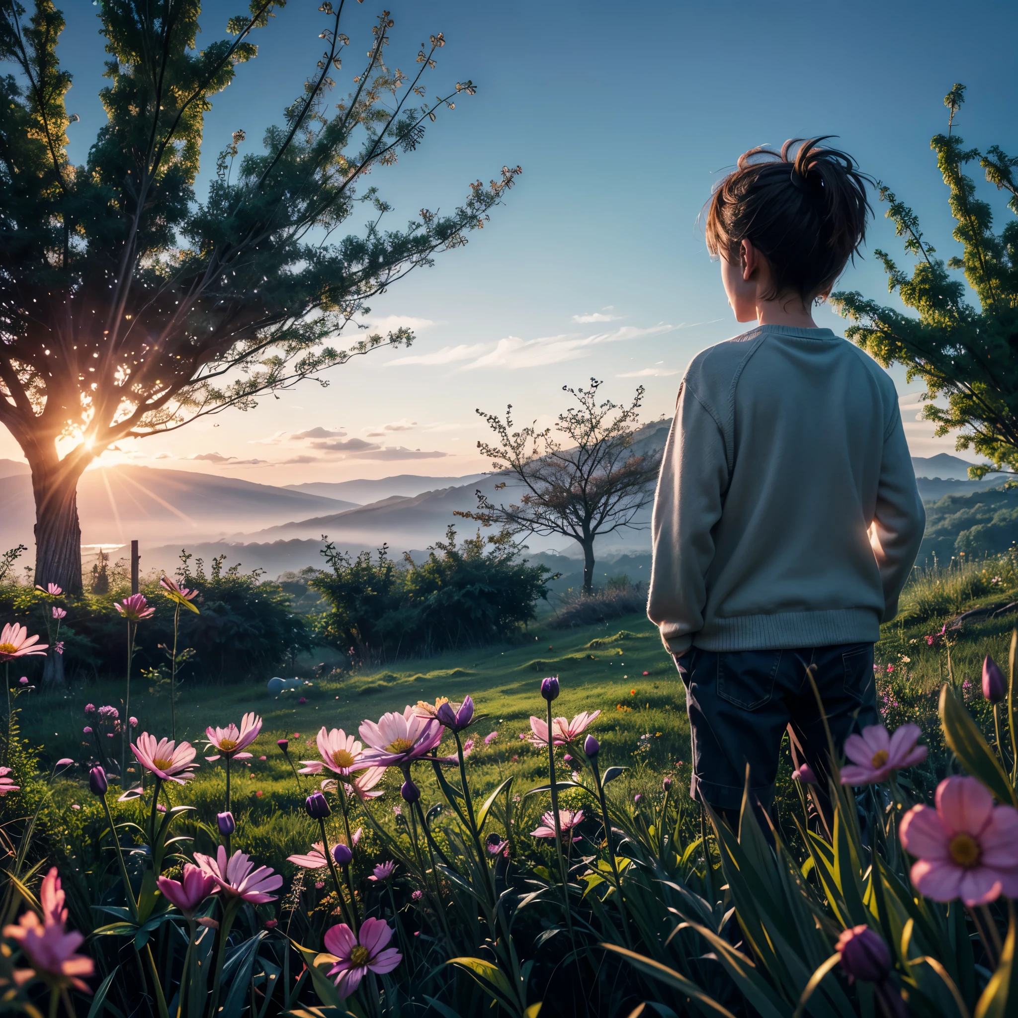 (highres,best quality,4k,ultra-detailed),a boy standing on the grass in the early morning, (realistic,photorealistic:1.37) blue sky, (gentle breeze, softly blowing flowers blossoming)