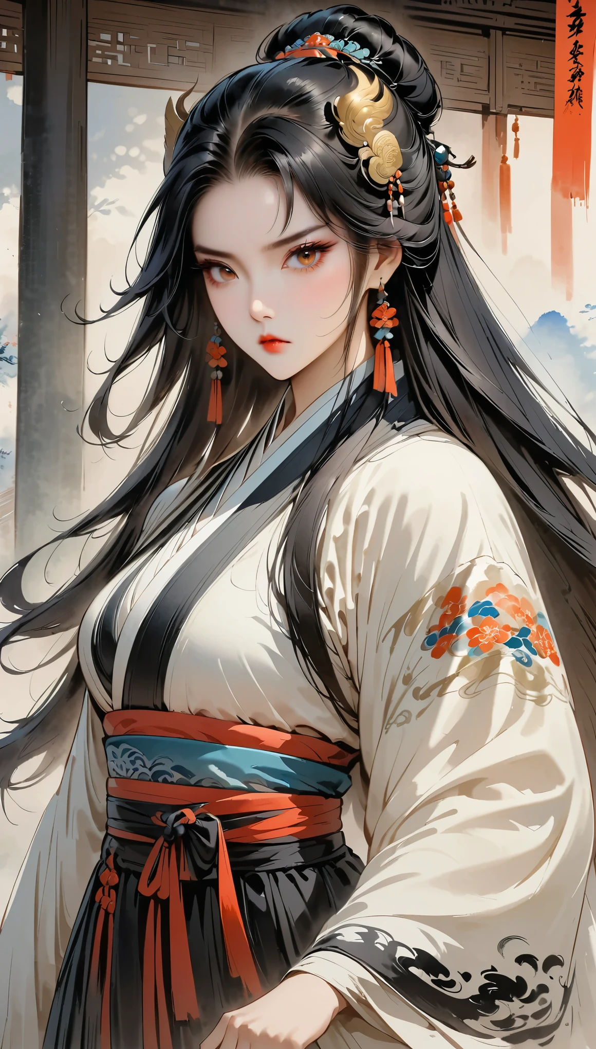 (masterpiece, best quality:1.2),martial arts风格，Chinese comics，martial arts，attack action，Gaze at the viewer，1 girl，black hanfu，red waistband，flowing skirt，tiger，ink：1.37