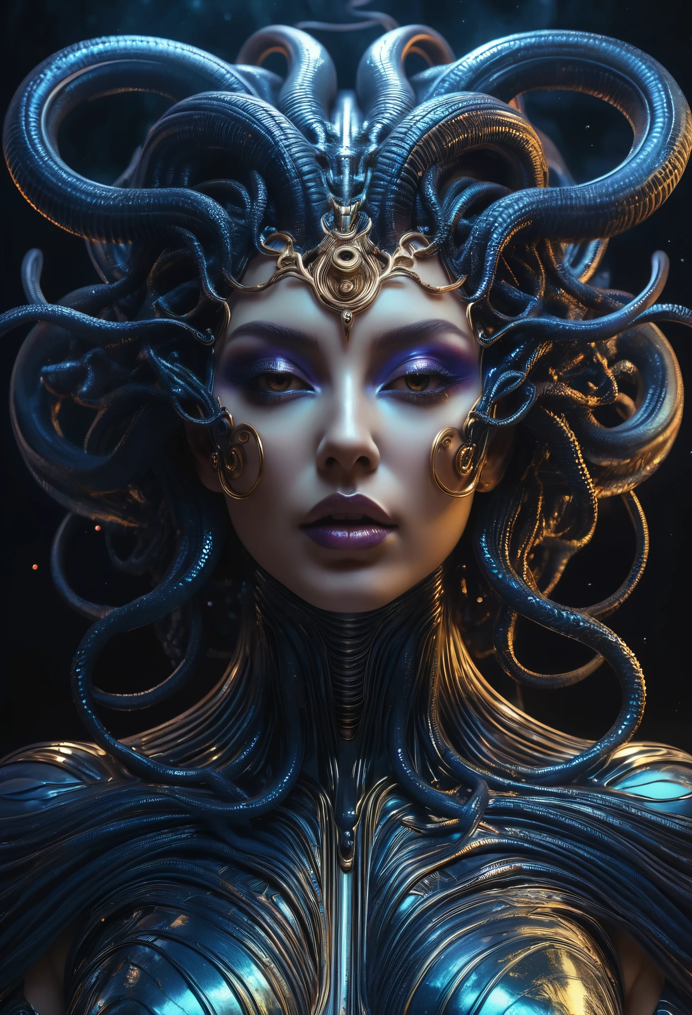a beautiful medusa ,ultra detailed artistic photography, midnight aura, night sky, detailed gorgeous face, dreamy, glowing, backlit, glamour, glimmer, shadows, oil on canvas, brush strokes, smooth, ultra high definition, 8k, unreal engine 5, ultra sharp focus, art by alberto seveso, artgerm, loish, sf, intricate artwork masterpiece, ominous, matte painting movie poster, golden ratio, trending on cgsociety, intricate, epic, trending on artstation, by artgerm, h. r. giger and beksinski, highly detailed, vibrant, production cinematic character render, ultra high quality model