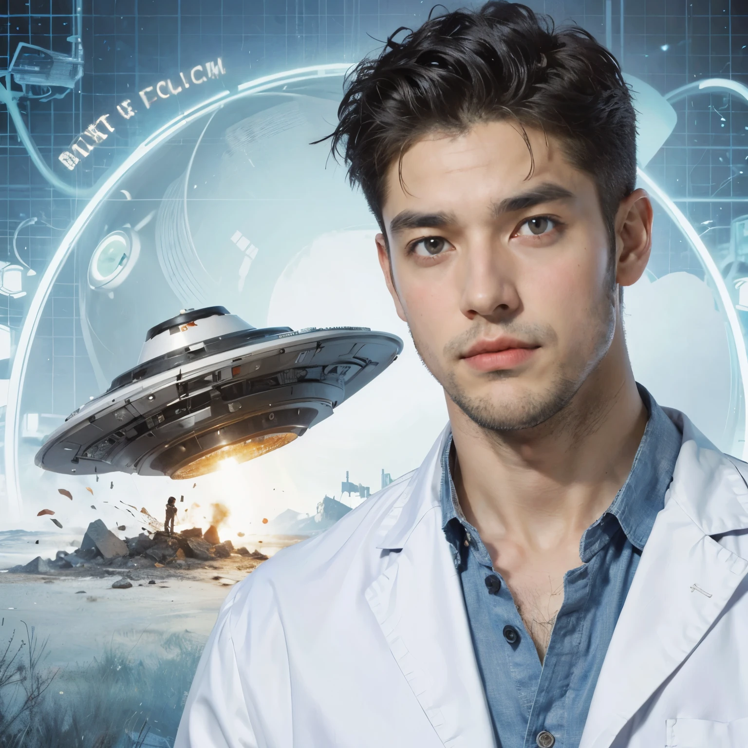 A handsome man in his late twenties with black hair and a serious expression, wearing a lab coat, with a crashed small UFO in the background.Designer|1024 × 1024 jpg|1 minute ago