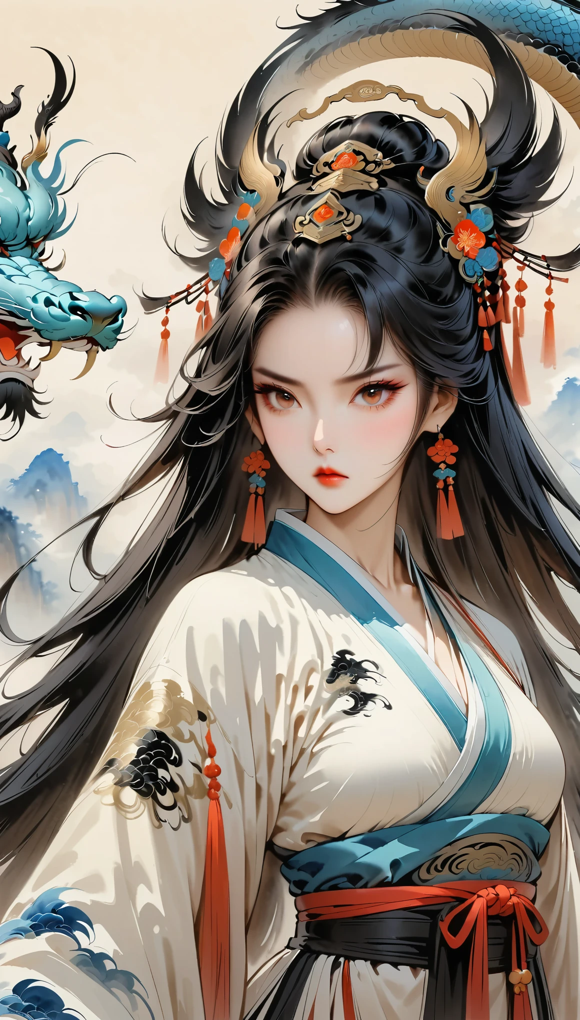 (masterpiece, best quality:1.2),martial arts风格，Chinese comics，martial arts，attack action，Gaze at the viewer，1 girl，black hanfu，red waistband，flowing skirt，tiger，ink：1.37