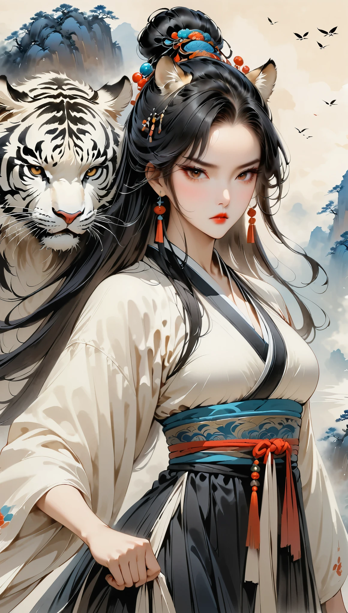 (masterpiece, best quality:1.2), 1 girl，tiger，two-dimensional， metal jewelry, Serious expression, attack action, bow your head, hanfu, black clothes, eyes cold, loose hair, (ink smudges) beautiful figure painting, Clothing black and white ink style, Delicate skin tone, watercolor, soft, martial arts style, ethnic style, sash, keen vision，black theme，