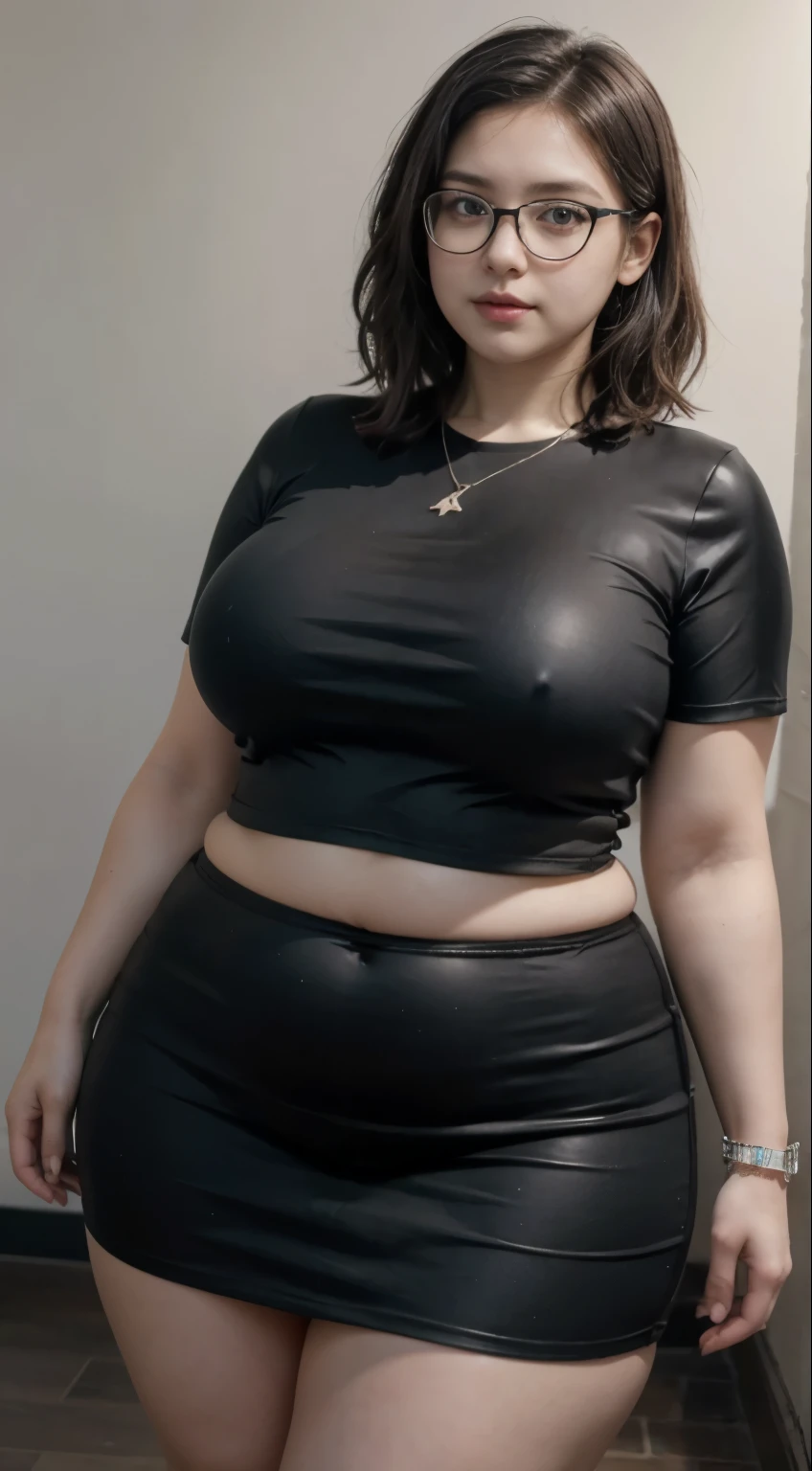 ((best quality)), ((masterpiece)), (detailed), perfect face, araffe woman in a long dark green shirt and 1/3 white denim skirt walking in black room , thicc,  wavy  short hair , she has a jiggly fat round belly, bbwchan, wearing tight simple clothes, skinny waist and thick hips, widest hips, her belly is fat and round, soft curvy shape, hyperrealistic full figure, wearing a cute top, wide hips, wearing 10 bracelet , wearing huge diamond necklace , slightly fat cheeks , glasses 