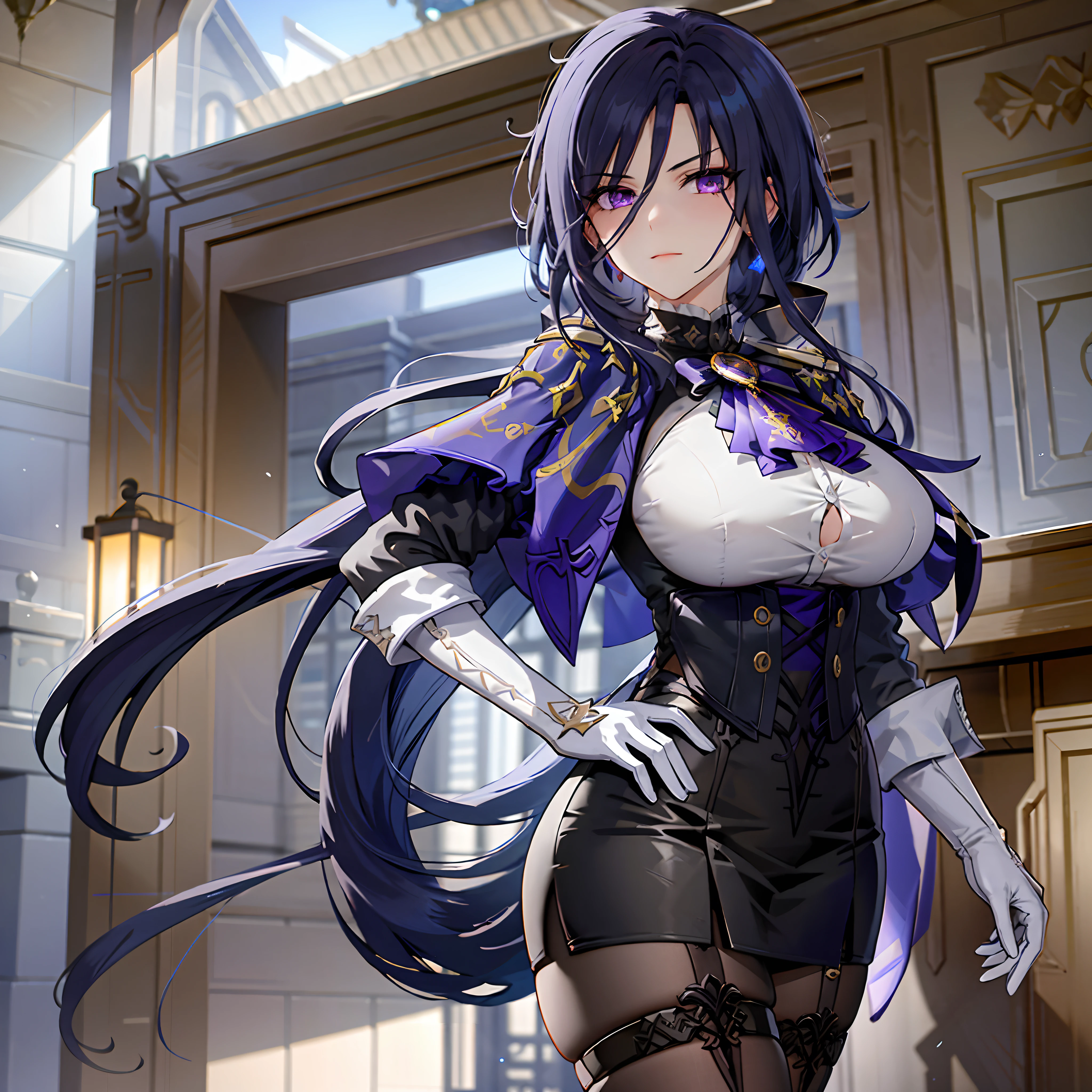 Perfect Lighting, extremely details CG, (Perfect hands, Perfect Anatomy),masterpiece,1girl in, Clolinde \(GenshinImpact\),film like、Perfect Lighting、light and shadows、Beautie、Good ass、Purple eyes、 pantyhose, blue cape, White Gloves, pencil skirts, White shirt, Thigh strap, Underbust, ascot, Jacket, depth of fields, Glaring, put hands on the hip, Looking at Viewer, chies, Indoors