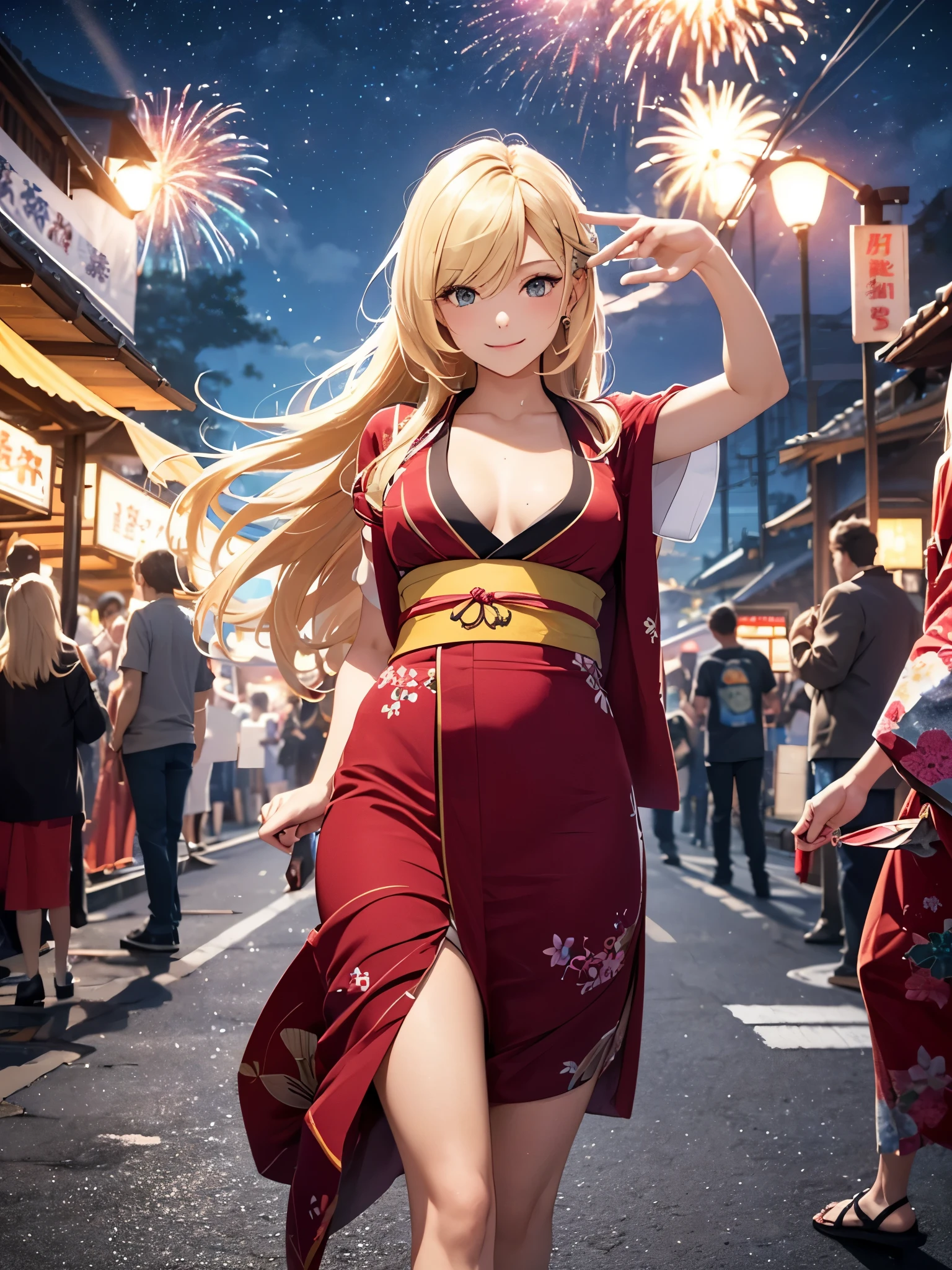 (((ultra high definition))), (((Salina))), (Pokémon), masterpiece, best quality, detailed, (1 girl), alone, (超detailed藍眼睛, long blonde hair, permanent: 1.2), (((Pull hands to run))), (Gorgeous kimono), Lovely smile, (small breasts, healthy body :1.2), (Put your arms behind your back), Stone road, starry sky, (fireworks), Night festival in the background,