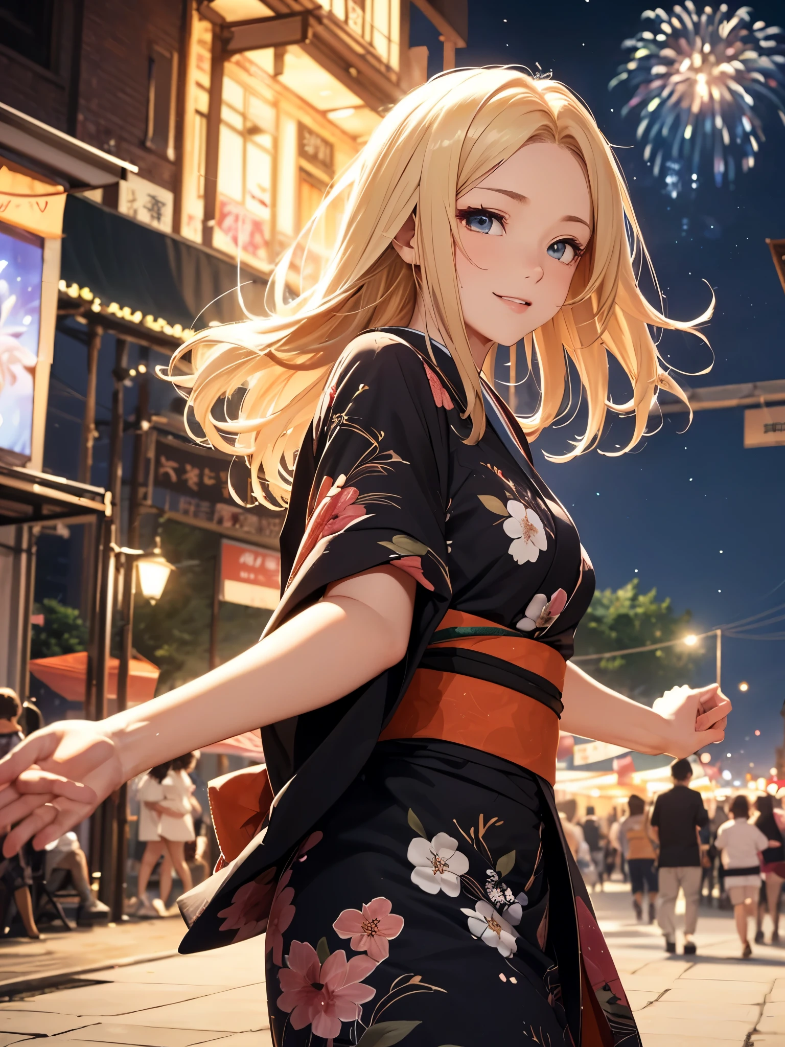 (((ultra high definition))), (((Salina))), (Pokémon), masterpiece, best quality, detailed, (1 girl), alone, (超detailed藍眼睛, long blonde hair, permanent: 1.2), (((Pull hands to run))), (Gorgeous kimono), Lovely smile, (small breasts, healthy body :1.2), (Put your arms behind your back), Stone road, starry sky, (fireworks), Night festival in the background,