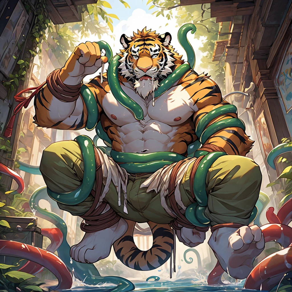 (masterpiece), (excellent), (Very good.), White dew, square, Tiger's Tail Horn, Glue tentacles are wrapped around the body..、Tentacle mouth、An adhesive mustache is inserted into the hole in the body..、drooling、detailed full body，Wrapped in white mucous tentacles.., Entangled in mustache bondage.., Sucking with white mustache、Correct body and limbs、detailed full body