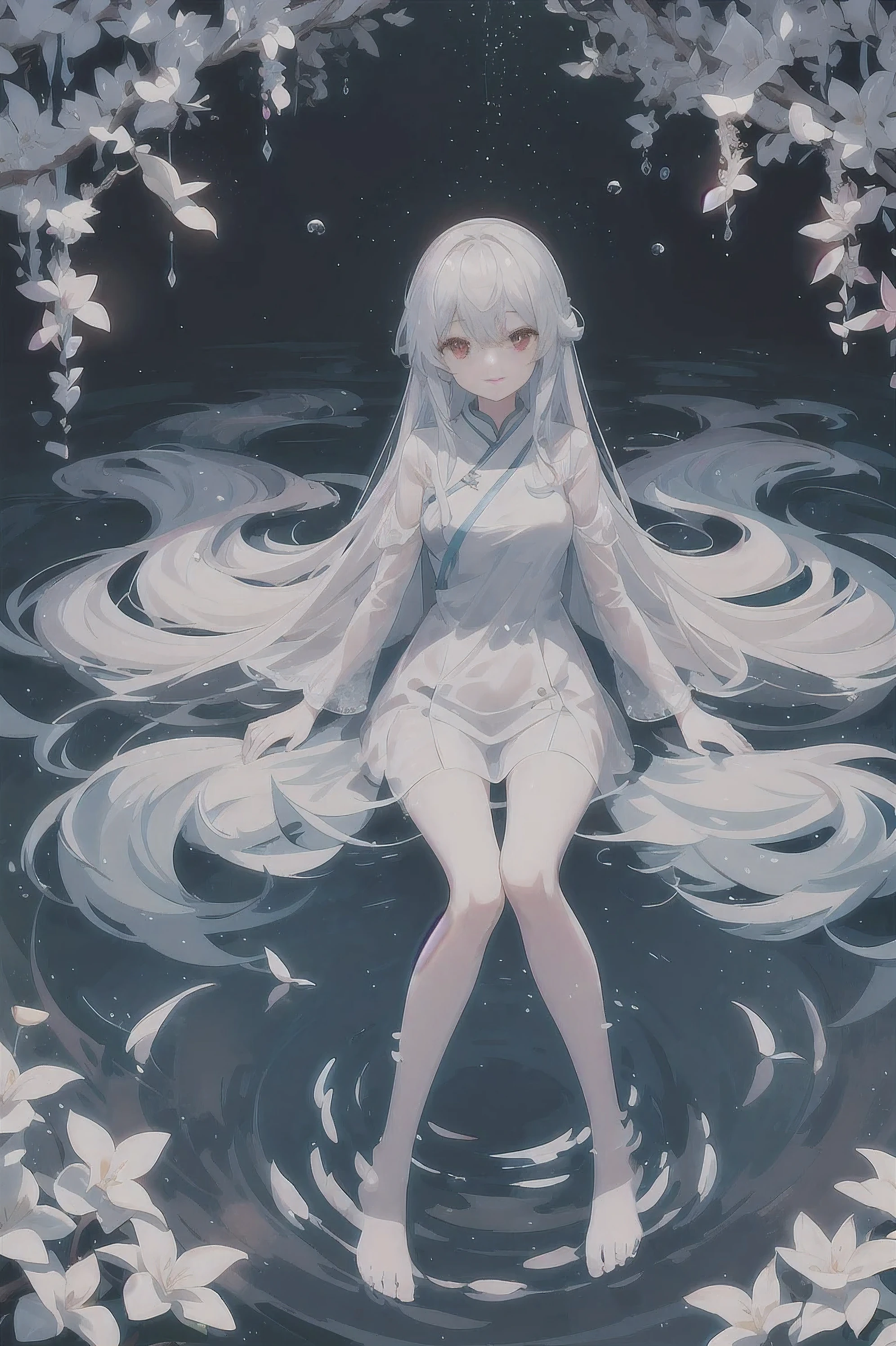 Dreamy and beautiful moonlight in the dark forest。View of a 15-year-old girl from above。(wet silver hair and red eyes)。smile slightly。She wore only a long sheer white cloth with beautiful sheer lace trim。Soak the cloth in water。(splashing in the dark forest lake at night)。(Hair or clothes are wet)。splash。Wet strands of hair。dripping water drops。Fantasy fireflies float in the air、Light also reflects from water。near method and far method。glitter effects。Dynamic composition with depth。extremely high quality、High level of image quality、extremely delicate。Rare workmanship，round,Room, firm breasts），barefoot，float，water surface，（long legs，long legs，long legs，Gestalt），full-body shot。posture lying