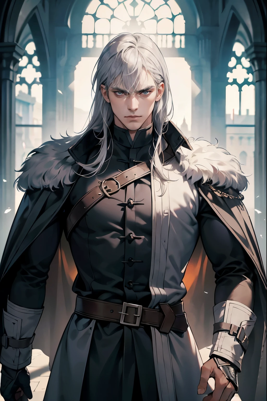 30 years old man, Eyes looking to camera, Perfect male body, (mercenary, Tall and strong,silver hair,Frown,dark coat,stand in castle),dramatic shadow, Ray Tracing,Portrait,(masterpiece, high resolution, ultra - detailed:1.0)