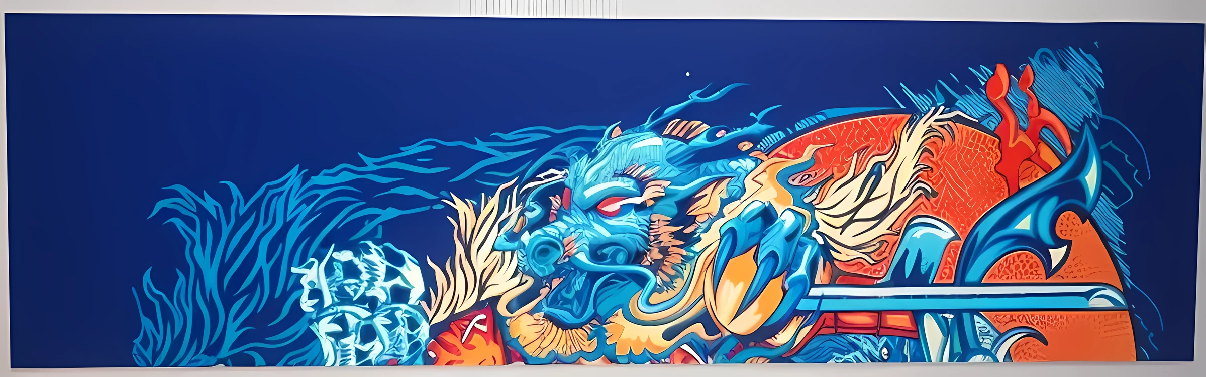 brightly colored artwork of a dragon and a man on a horse, 3 color screen print, silkscreen print, nychos art aesthetic, silk screen print, high detailed print, silk screen art, hyper detail illustration, color screenprint, screen print, screen print poster, cyan chinese dragon fantasy, inspired by Utagawa Kuniyoshi, (screen print)
