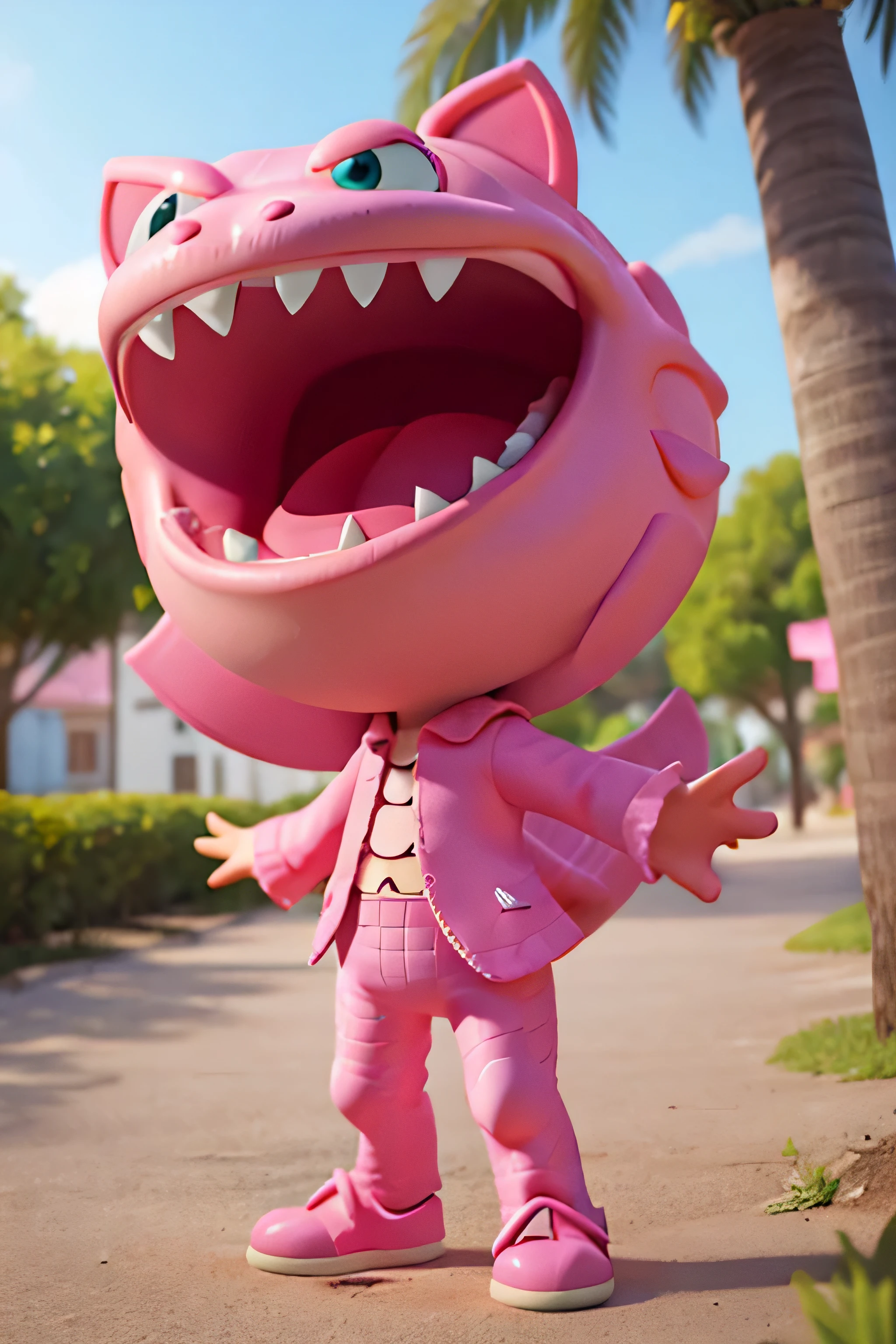 make a pink alligator laughing in front of the camera like a cartoon