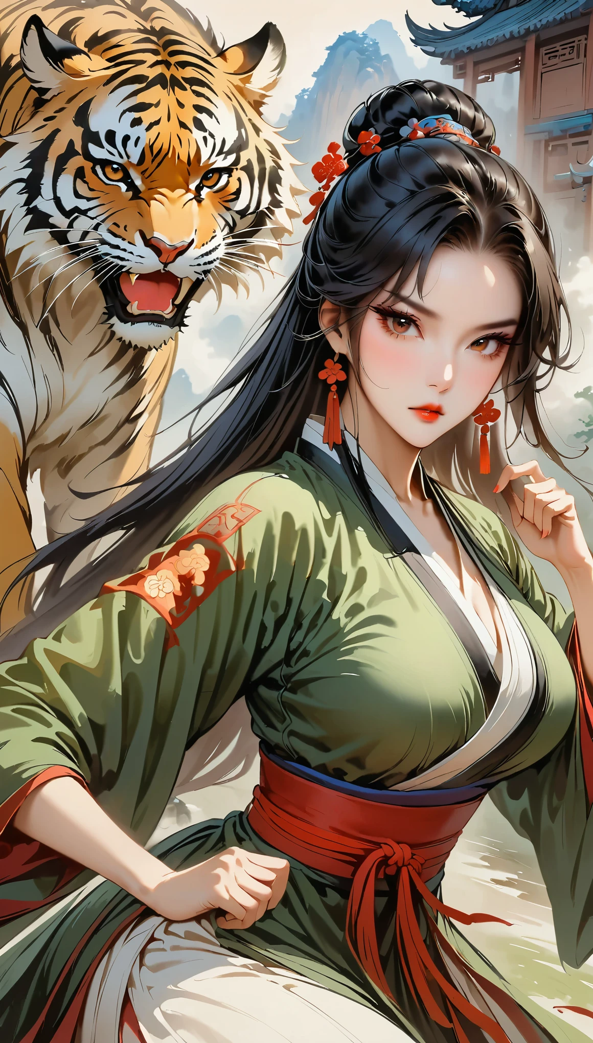 (masterpiece, best quality:1.2),martial arts风格，Chinese comics，martial arts，attack action，Gaze at the viewer，1 girl，black hanfu，red waistband，flowing skirt，tiger，ink：1.37