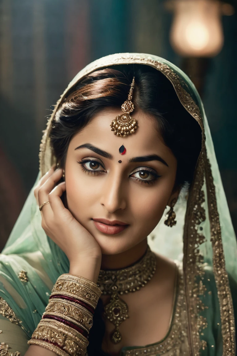 closeup portrait, Surreal, amazing quality, masterpiece, best quality, awesome, inspiring, a light smiling "MADHUBALA" (anarkali of mughl-e-azam) with hair over her eyes, hair completely covers her face. cinematic composition, soft shadows, atmospheric haze, Film grain, cinematic film still, shallow depth of field, highly detailed, high budget, cinemascope, moody, epic, OverallDetail, 2000s vintage RAW photo, photorealistic, candid camera, color graded cinematic, atmospheric lighting, imperfections, natural, shallow dof, black and white, 