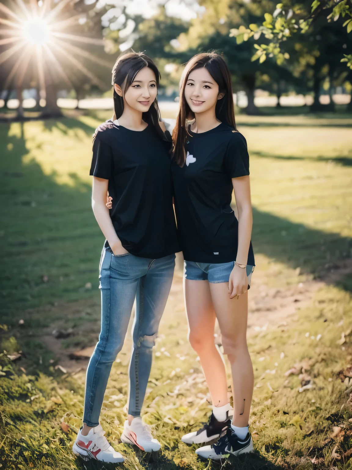 (ultra high resolution,RAW photogr,realisticlying,tmasterpiece,best qualtiy:1.4),Complicated details,3 girls,3 20 year old Korean girl,Wear a loose black T-shirt and skinny jeans,Stand on the grass and take pictures,hugs,Intimate relationships,Detailed meadow,A sweet smile on a small face,Ultra-realistic facial details,The face and skin are pink and white, and luminous,Playful and coquettish pose,The calves are straight and slender:1.2,Wear high-end brand sneakers:1.0,eventide:0.3,Broad lighting,naturalshadow:1.0,ultra high resolution,taking a full body photo:1.8