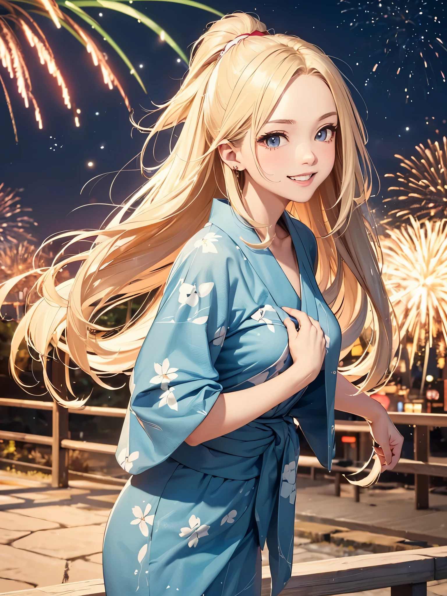 (((ultra high definition))), (((Salina))), (Pokémon), masterpiece, best quality, detailed, (1 girl), alone, (超detailed藍眼睛, long blonde hair, permanent: 1.2), (((Pull hands to run))), (cool yukata), Lovely smile, (small breasts, healthy body :1.2), (Put your arms behind your back), Stone road, starry sky, (fireworks), Night festival in the background,