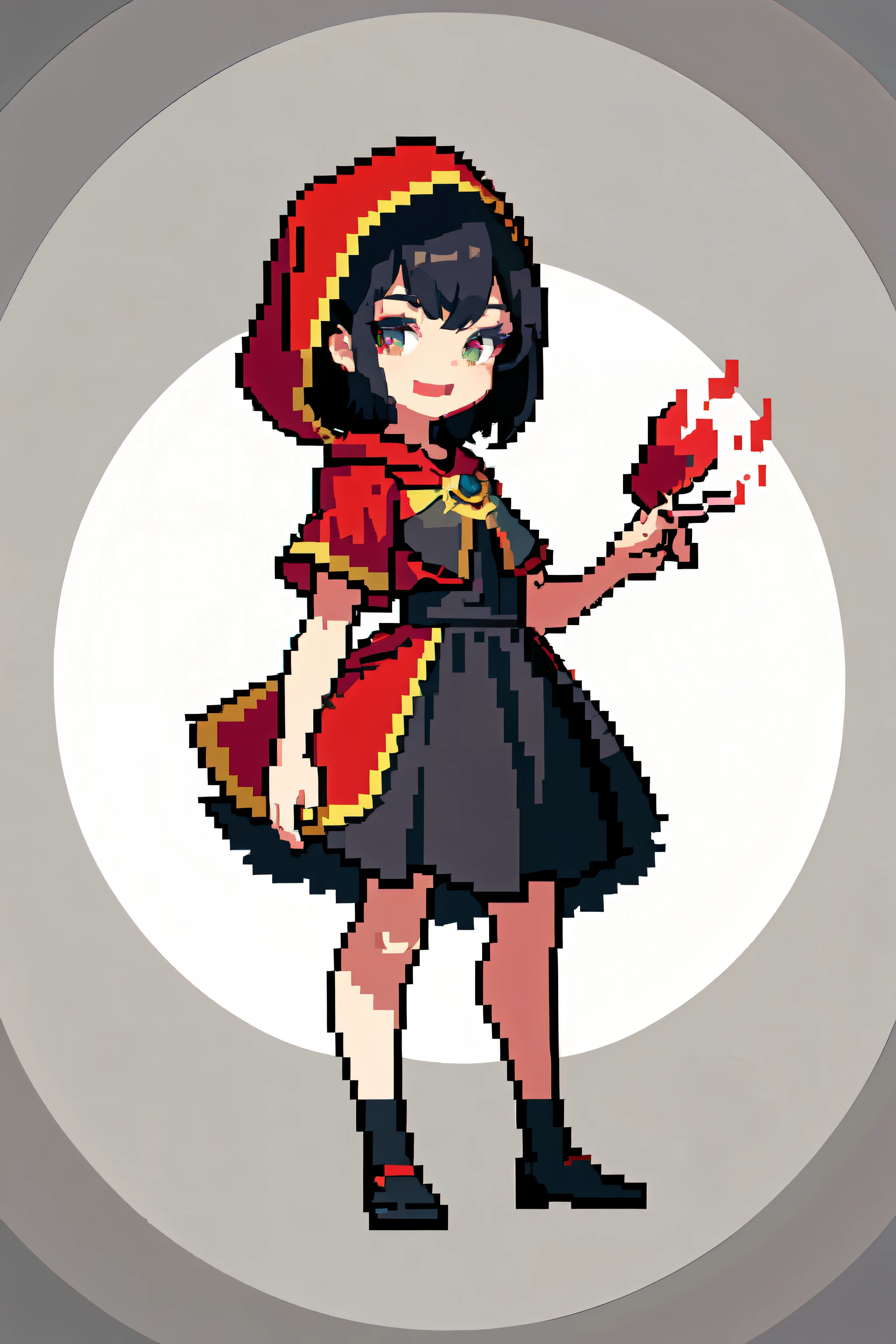 (masterpiece, highest quality, highest quality), pixel,pixel art,1 girl,Upper body, Short-cut black hair，little red riding hood，cute，Dirty eye，laughing
 