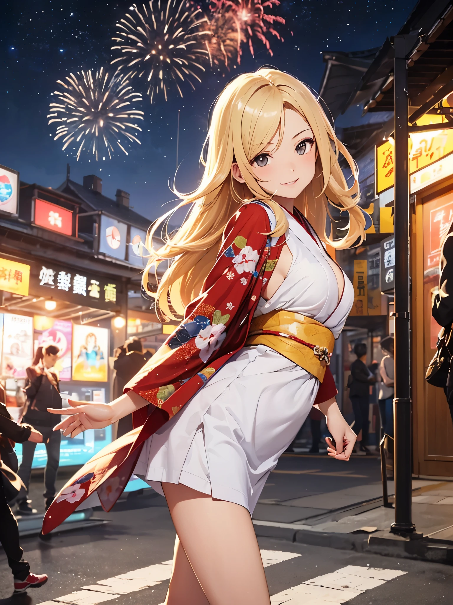 (((ultra high definition))), (((Salina))), (Pokémon), masterpiece, best quality, detailed, (1 girl), alone, (超detailed藍眼睛, long blonde hair, permanent: 1.2), (((Pull hands to run))), (Gorgeous kimono), Lovely smile, (small breasts, healthy body :1.2), (Put your arms behind your back), Stone road, starry sky, (fireworks), Night festival in the background,