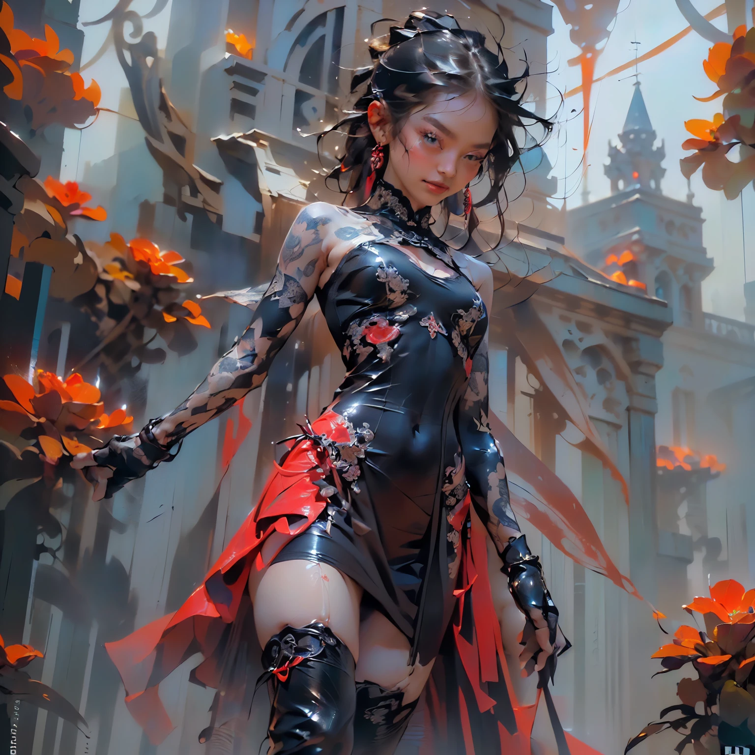 (((Create one girl + Ye, (close-up), (stands all tall)), ((dark and mysterious), (night, rain of blood, gothic anime girl)))_(((Gothic unusual masterpiece art)),((ominous clouds, hauntingly beautiful, ethereal moonlight, creepy shadows))_(((small , miniature, chibi, full length)),((miniature-graceful body, full length - standing) , (beautiful figure, half a turn)_(16+ Years))(((c small peach breasts, graceful figure, slim waist, smooth thighs)),((long double braids),(tight braids) , (braided hair),(dark hair)),((red lips)),((smile)))_ ((((shiny skin:1.5, White skin, bright skin: 1.5)),((sexual),(erotic),(Cute, kawaii),(nsfv)))_(((bare shoulders, black lace gown)),(((red chiffon dress, Very short dress, tight-fitting), (red),(Transparent lace dress) ),((stands almost completely naked, tattoos)))_(((hands in elbow pads, palms in tactical gloves),(Bare thighs, stomach)),((legs in combat knee pads, thigh high stockings)), (( chunky leather lace-up boots)))_(((Impressive artistry, exquisite details, Gothic architecture, dramatic lighting, vibrant red hues, Sinister figures, strange symbols, surreal elements))_((Strong contrasts, creepy, artistic masterpiece, detailed textures, dark color palette, foreboding horror), (alien flowers, skull))_((digital painting, Anime style, cyberpunk), (Best quality, 4K, A high resolution, masterpiece: 1.2)),((ultra detail)) ,((realistic, photorealistic, photorealistic: 1.37)))_(((soft clear shapes, Broad strokes, Attention to detail)))_(((high quality, 16 thousand. | Ultra HD | Full HD))).