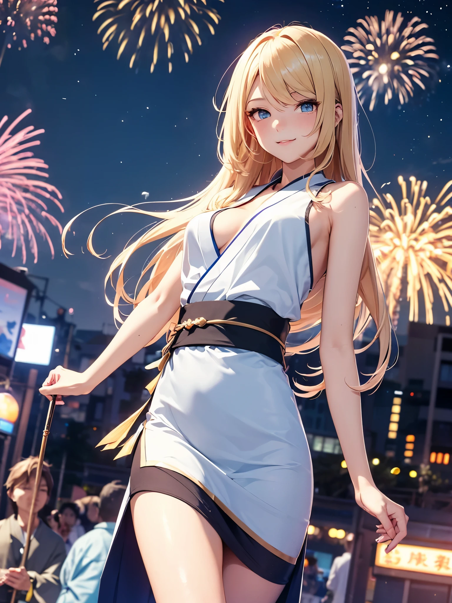 (((ultra high definition))), (((Salina))), (Pokémon), masterpiece, best quality, detailed, (1 girl), alone, (超detailed藍眼睛, long blonde hair, permanent: 1.2), (((Pull hands to run))), (Gorgeous kimono), Lovely smile, (small breasts, healthy body :1.2), (Put your arms behind your back), Stone road, starry sky, (fireworks), Night festival in the background,