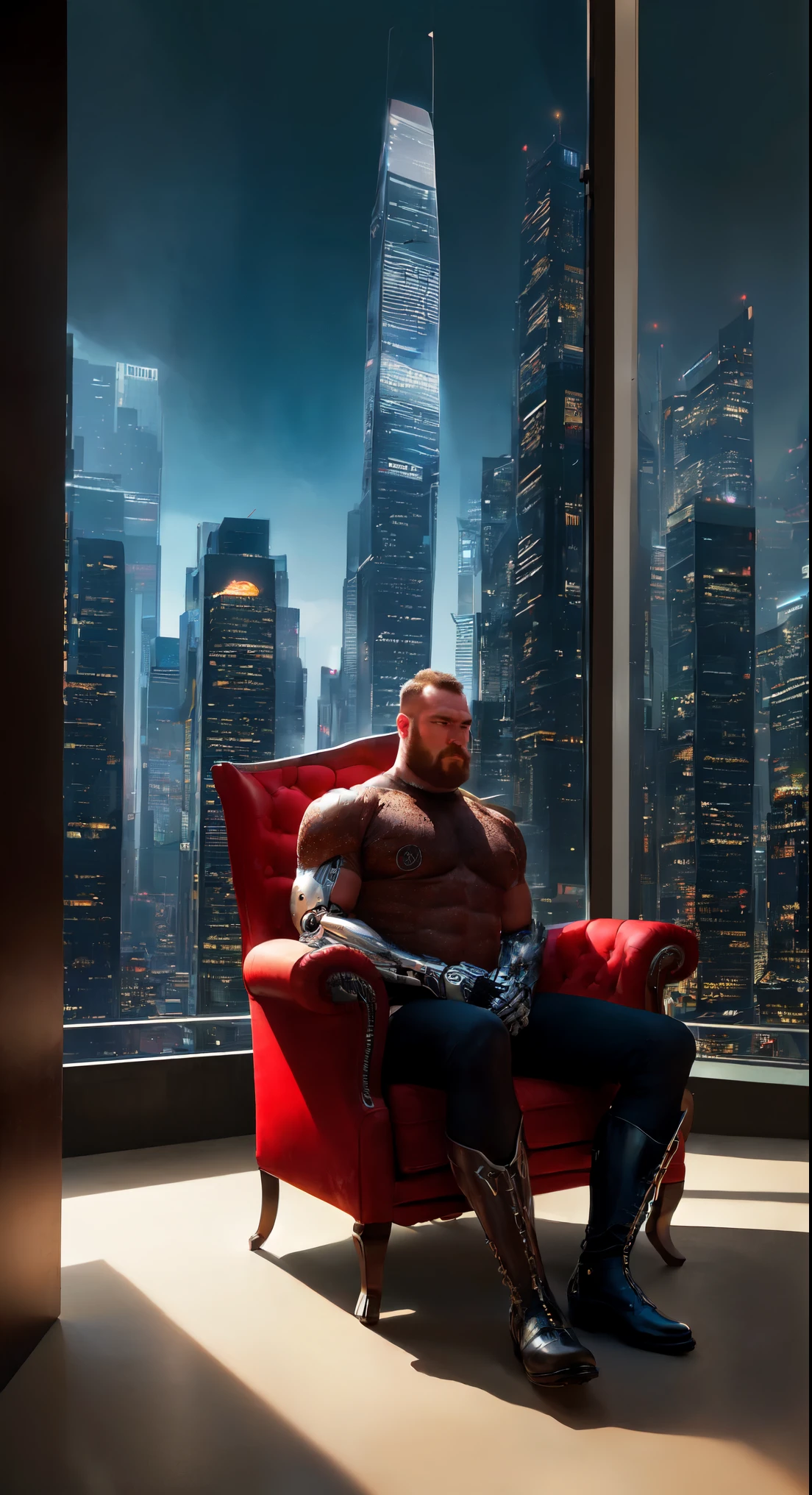 office in a skyscraper in a big city, male cyborg sits in a luxurious chair, Heavy men's boots, high quality, absurdity, masterpiece, Beautiful, complex parts, 1/2 body crops, slender body, Beautiful figure, Magnificent Anatomy, (complex parts:1.12), HDR, (complex parts, hyper detail:1.15), (natural skin textures, hyperrealistic, Soft light, spicy:1.2)