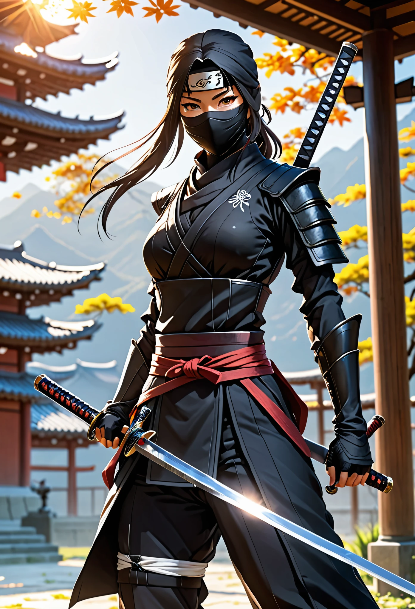 a girl, All black ninja outfit,hanging sword behind ,Whole body, sunlight, Clear Face, Clean white background, masterpiece, super detail, Epic composition, ultra hd, High Quality, Very detailed, official art, Uniform wallpaper 8K, super detail, 32k - in 6