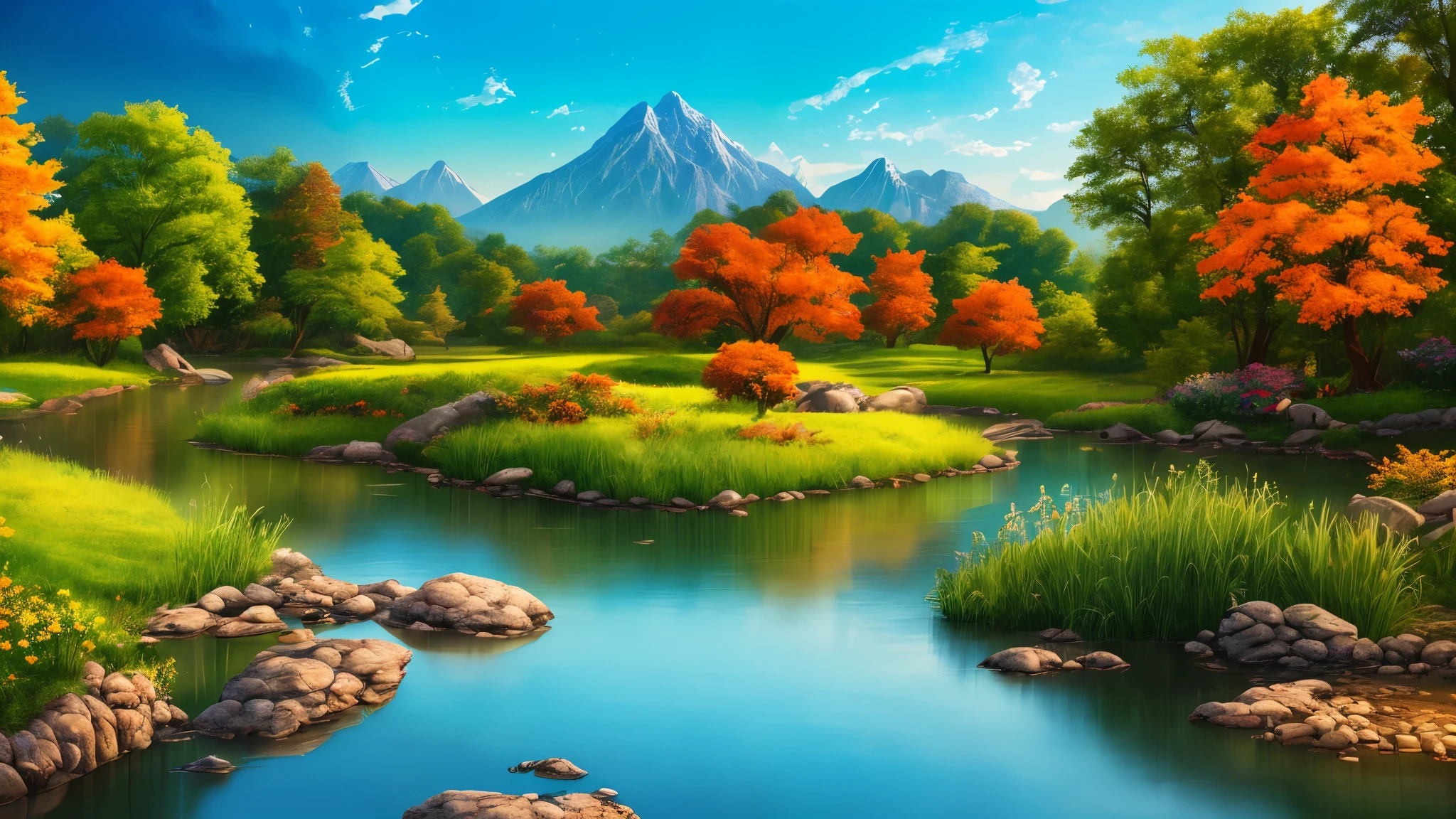 masterpiece, best quality, high quality, extremely detailed CG unity 8k wallpaper, An extremely colorful and purely fantasy environment with vibrant hues and a bright sky, landscape of bright green grass, colorful trees, glittering fruits, and bright blue flowers. The streams are a deep shade of blue, and the air is filled with sweet exotic scents. The environment appears to be taken out of a dream, with luminescent butterflies and giant colorful birds flying around, award winning photography, Bokeh, Depth of Field, HDR, bloom, Chromatic Aberration ,Photorealistic,extremely detailed, trending on artstation, trending on CGsociety, Intricate, High Detail, dramatic, art by midjourney