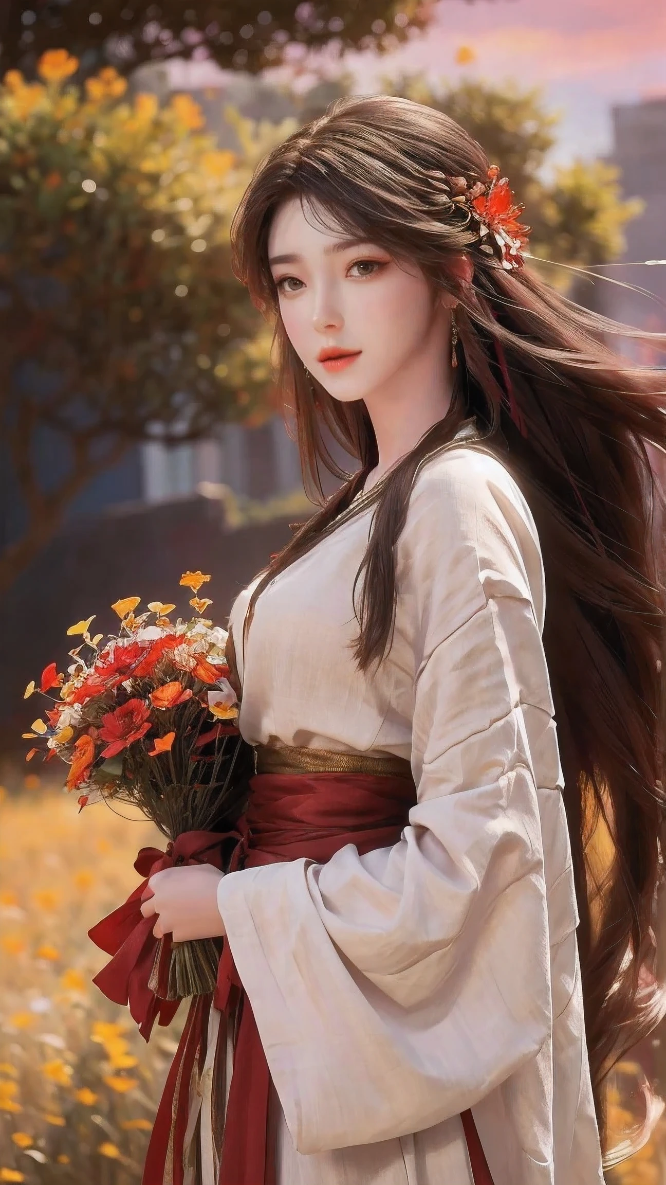beautiful detailed eyes, long flowy hair, holding a bouquet of wildflowers, surrounded by lush greenery and blooming flowers, with a golden sunset in the background, vibrant colors and vivid lighting, oil painting style