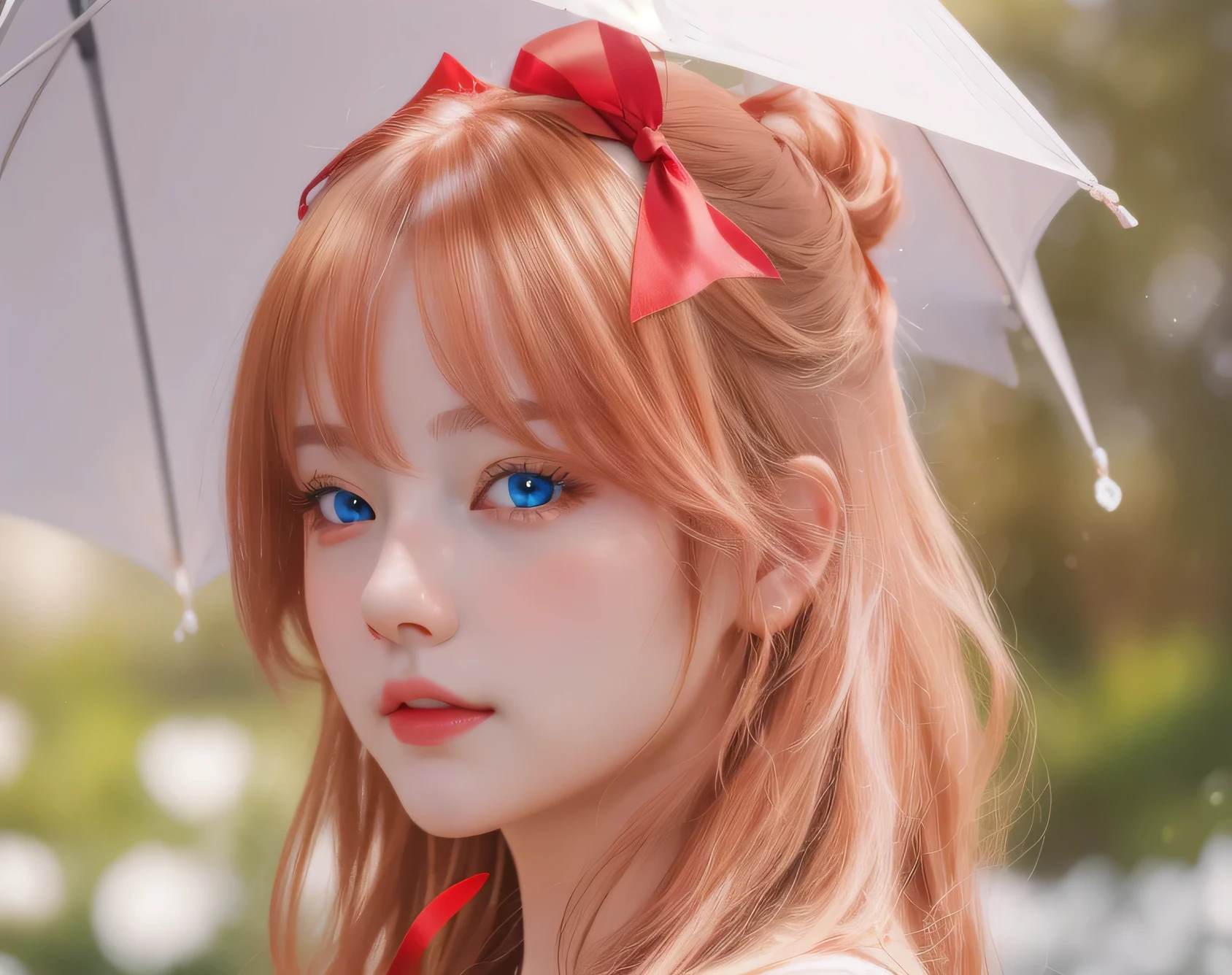 (best quality,4k,8k,highres,masterpiece:1.2),ultra-detailed,realistic,photorealistic:1.37,portrait,anime,cosplay,red ribbon, detailed eyes,detailed lips,long eyelashes,intense portrait of 飞鸟 langley soryu, vibrant colors,smooth skin,glossy hair,anime-style makeup,colourful background,lit by soft studio lighting,graceful pose,beautiful expression,vivid blue eyes,sharp focus,medium:oils,extremely detailed face and features,real-life anime girl,portrait of a mature anime girl,head adorned with a red ribbon