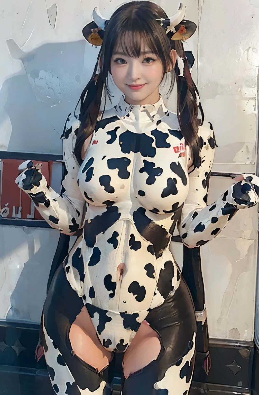 Cow horn、(俯瞰figure),Dynamic Angle,Super detailed, figure, close, Straight, One girl, 
 ((Interface Headset, Cow print bodysuit:1.4, blonde)),Her eyes shone like dream-like stars,(Glowing Eyes:1.233),),(Are standing), 
(night:1.2),dream-like, [[Delicate fingers and hands:0.55]::0.85],(Finger details),