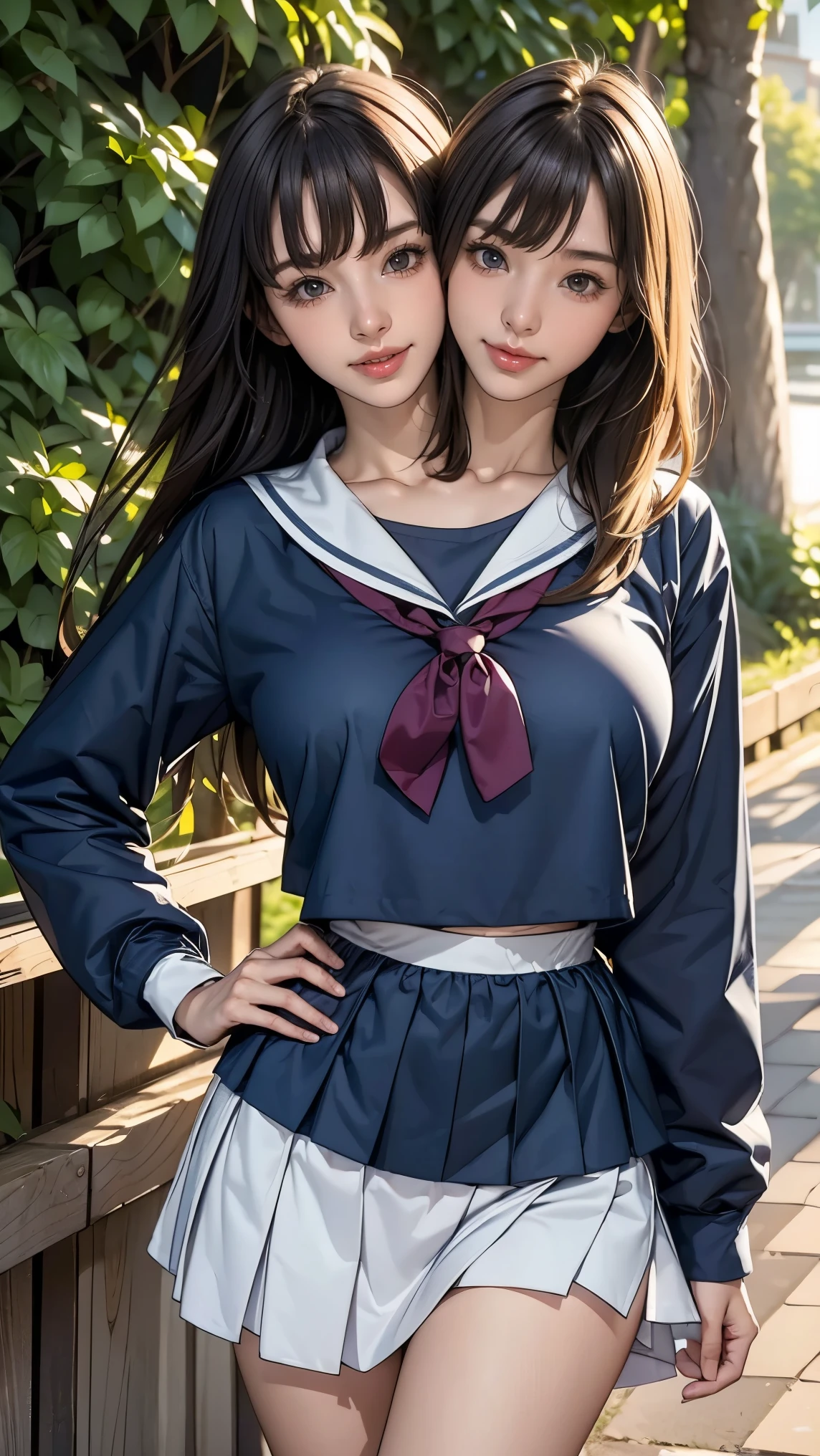 1girl, 18 years old,  couple focus ,    japanese girl ,  (smile:0.7) ,  Upper body, beach volleyball,Please think back, (Never wear a skirt), sailor suit, long sleeve, navy blue bloomers, The fabric of the bloomers is thin, grinning smile, long hair, curtain bangs, black hair , (high color saturation:1.0),  (highly detailed skin), (highest quality:1.0), (ultra high resolution:1.0) ,(realistic:1.0), (Super detailed:1.0), (8K, RAW photo:1.1), conjoined_dicephalus, (two heads:1.2)