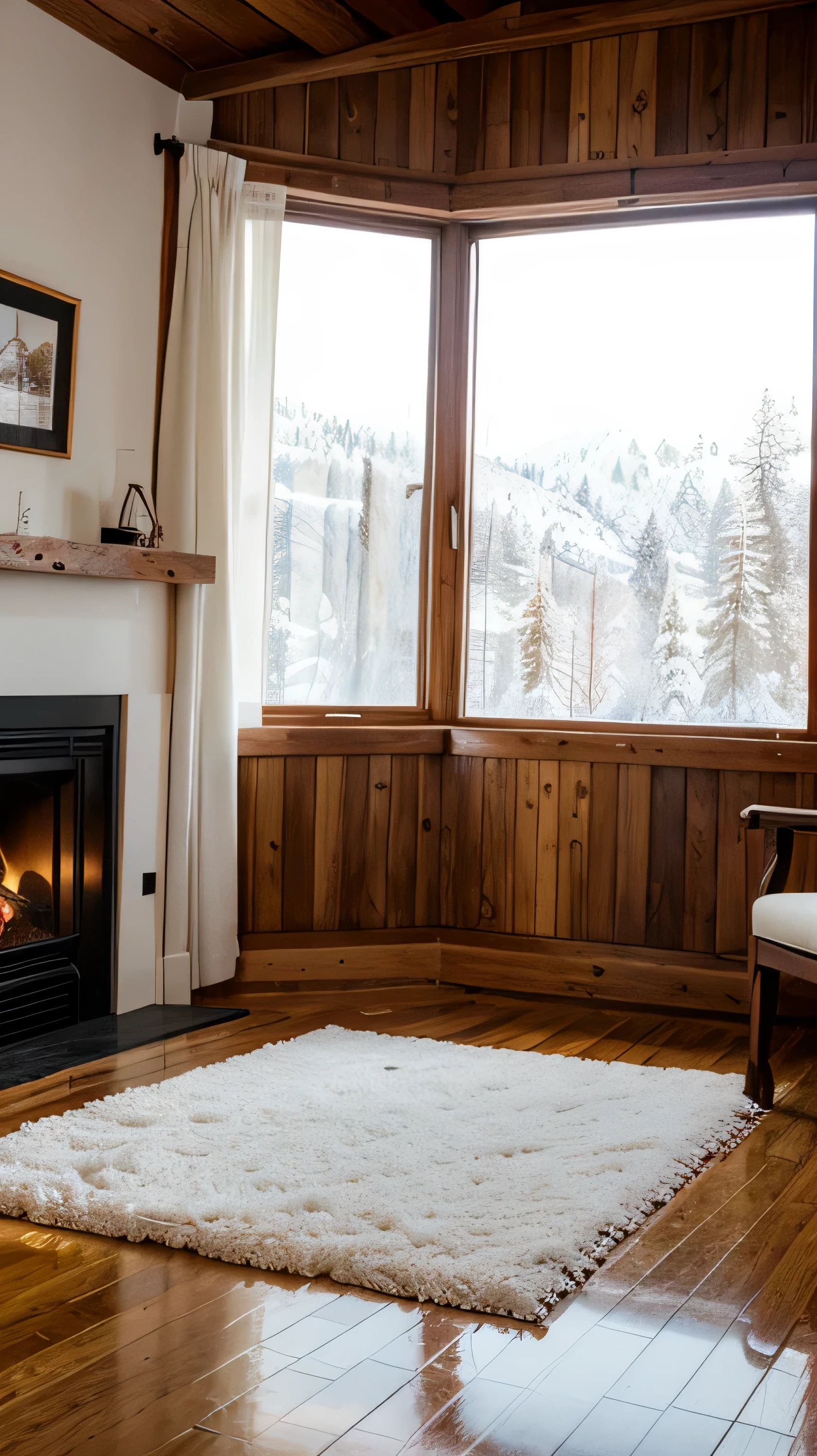 A neve cai suavemente do lado de fora, forming delicate flakes that dance in the air before landing on the white earth. Through the window of a brown wooden cabin, you watch the show, feeling the warmth of the interior contrasting with the whiteness outside. O vento sopra suavemente, creating unique snowflake patterns while the fireplace crackles next to you, espalhando calor e conforto pelo ambiente.