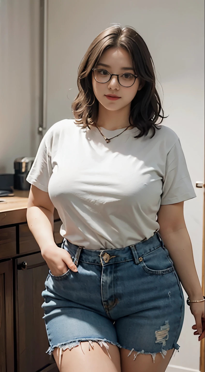 ((best quality)), ((masterpiece)), (detailed), perfect face, araffe woman in a long dark green shirt and 1/3 white denim skirt walking in black room , thicc,  wavy  short hair , she has a jiggly fat round belly, bbwchan, wearing tight simple clothes, skinny waist and thick hips, widest hips, her belly is fat and round, soft curvy shape, hyperrealistic full figure, wearing a cute top, wide hips, wearing 10 bracelet , wearing huge diamond necklace , slightly fat cheeks , glasses 