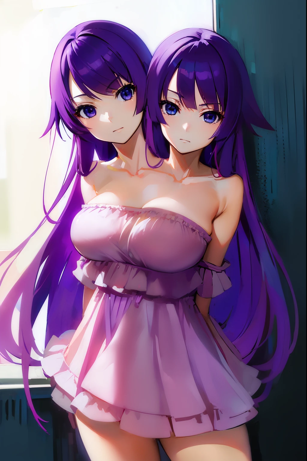 (masterpiece, best quality), best resolution, (2heads:1.5), 1girl, senjougahara hitagi character with two heads, two heads, long hair, blue eyes, purple hair, (medium breast:1.2),