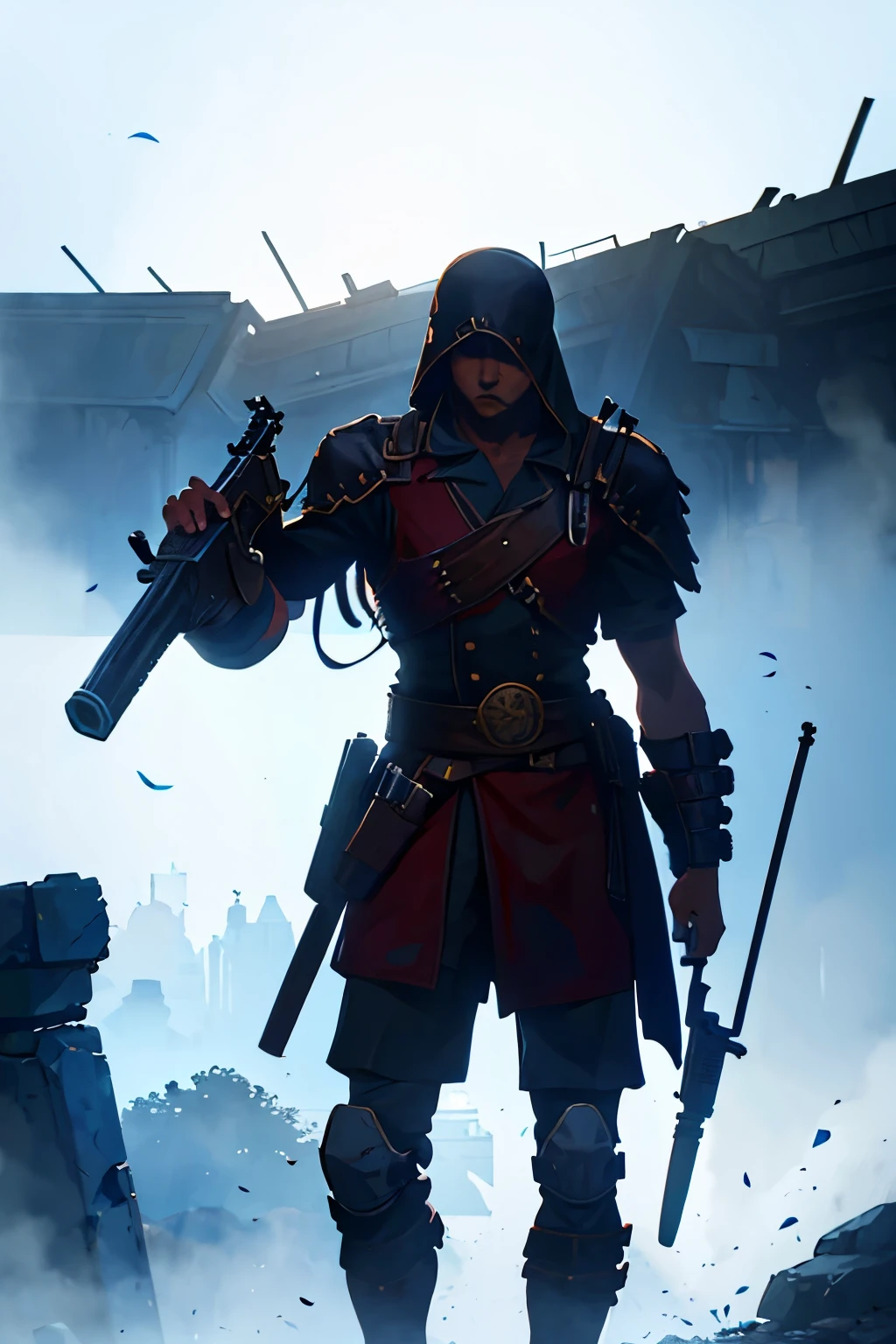 an anthropomorphic character, in warrior clothes , holding a gun. dramatic digital art, cinematic scene