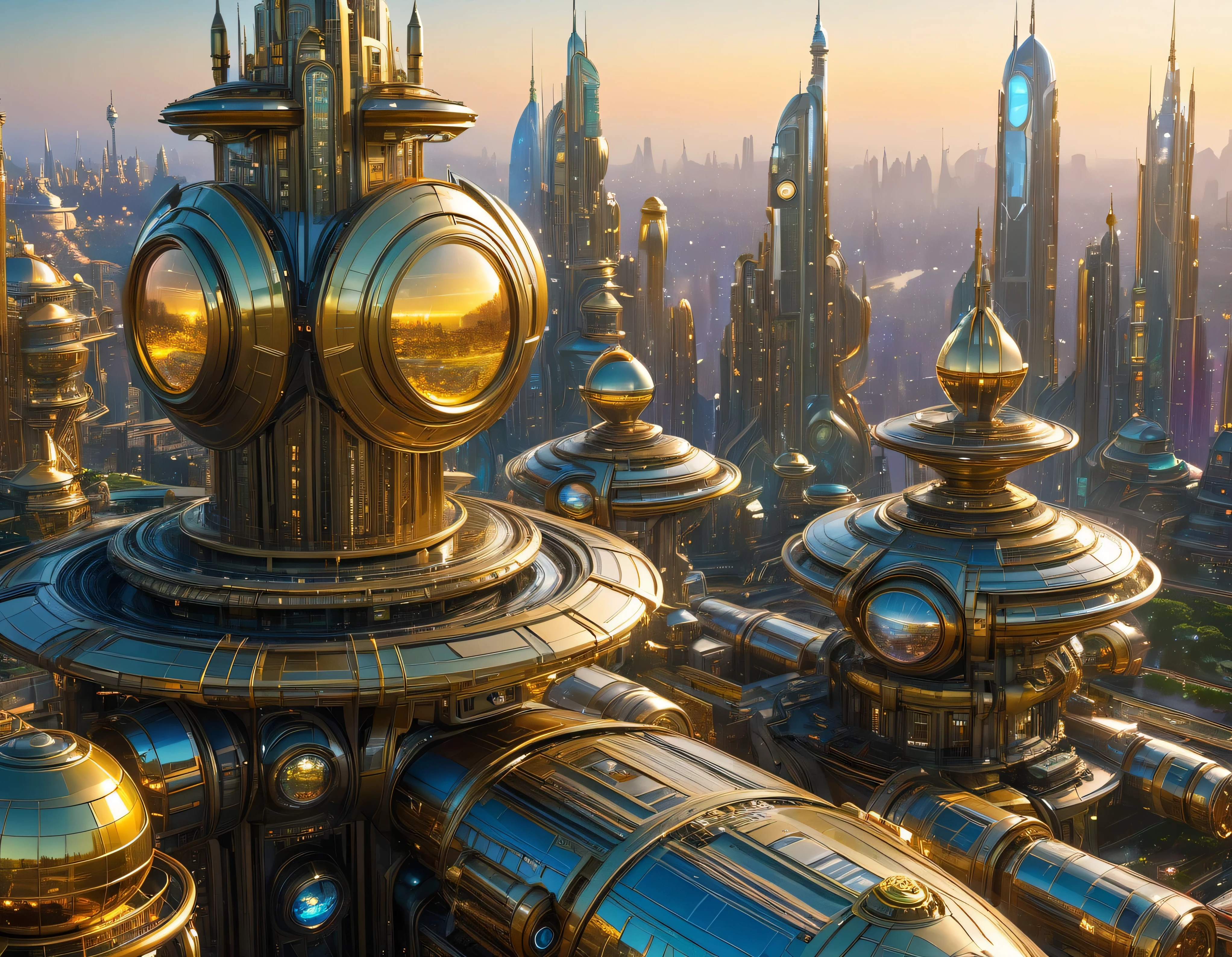 (golden hour lighting), megacity, megalopolis of an imaginary world of science fiction , parecido a una disneylandia futurista, and maximum fantasy, con inmensos edificios y rascacielos ovalados y dodecaedricos agrupados de metal y cristal donde predomina el oro y los anuncios luminosos de colores. imagen bien definida 8k, (intrincados detalles de la maquina), con muchos edificios juntos.(obra maestra de superior calidad).(imagen fotorrealista), nitidez absoluta hasta el fondo