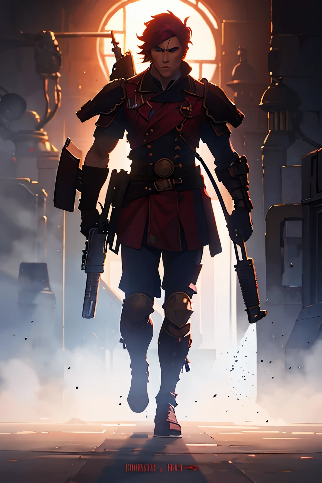 an anthropomorphic character, in warrior clothes , holding a gun. dramatic digital art, cinematic scene