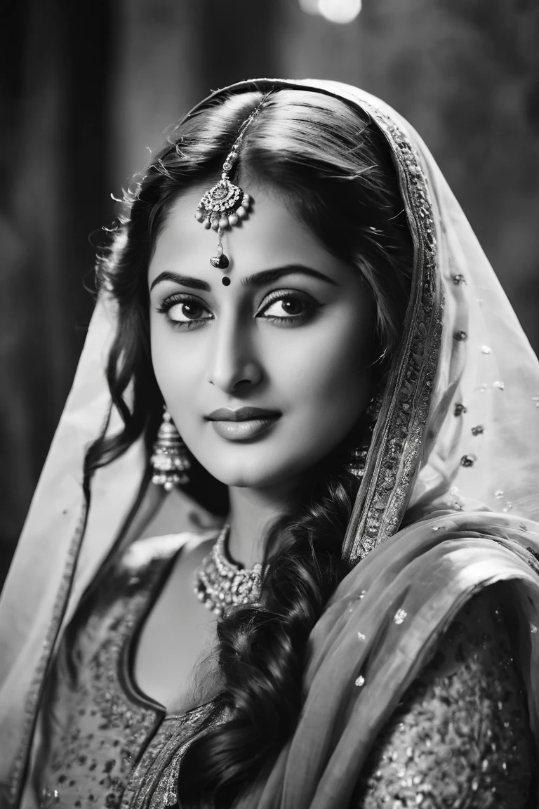 a black and white closeup portrait, Surreal, amazing quality, masterpiece, best quality, awesome, inspiring, a light smiling ("MADHUBALA" (anarkali of mughl-e-azam)) with hair over her eyes, hair completely covers her face. cinematic composition, soft shadows, atmospheric haze, Film grain, cinematic film still, shallow depth of field, highly detailed, high budget, cinemascope, moody, epic, OverallDetail, 2000s vintage RAW photo, photorealistic, candid camera, color graded cinematic, atmospheric lighting, imperfections, natural, shallow dof,