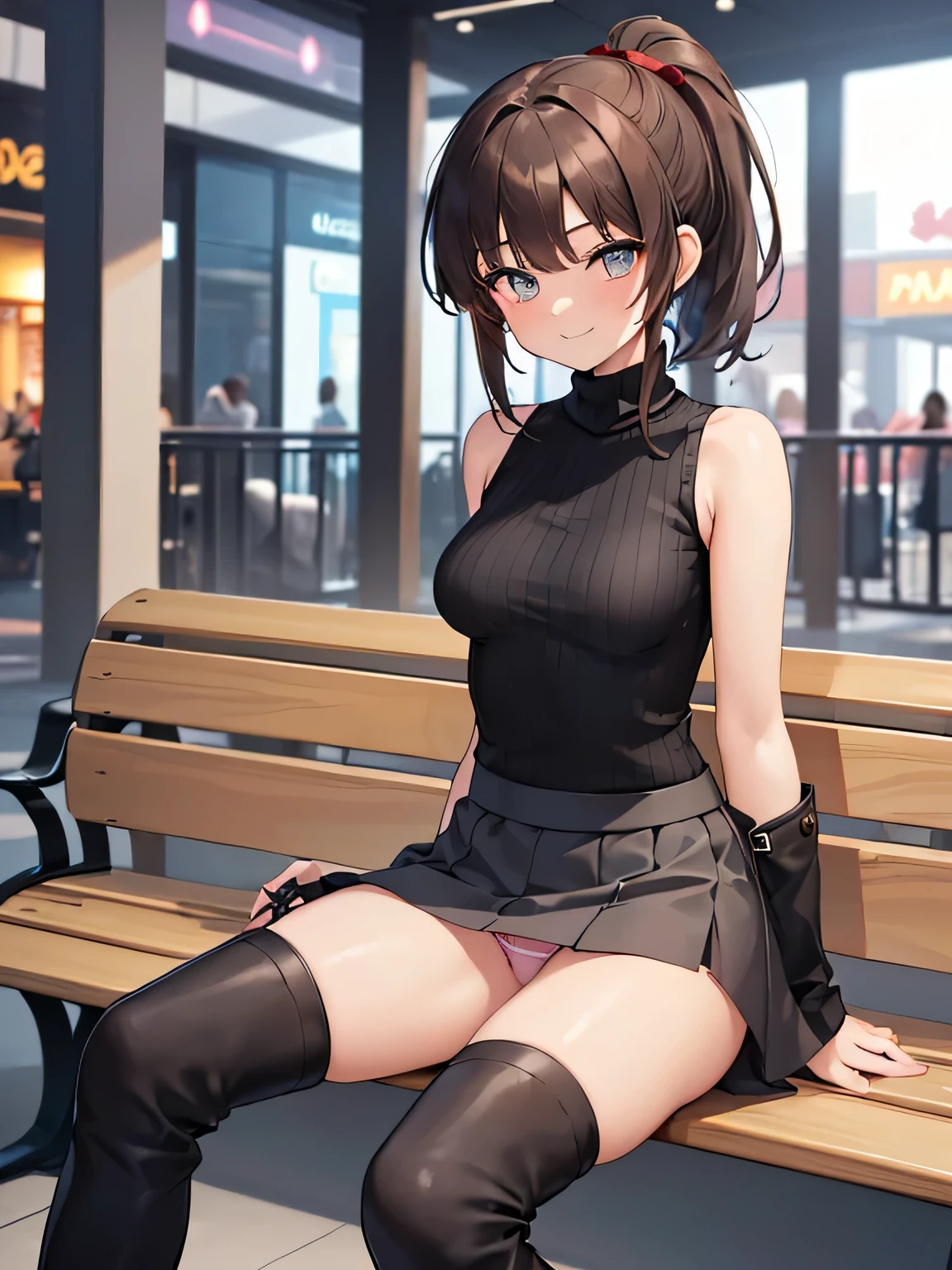 (Masterpiece, top quality, high resolution, realistic photo, realistic looking skin:1.1),
(The woman is sitting on a bench in a shopping mall:1.8),
(She is sitting with her legs closed: 1.9),
(Her skirt is so short that you can almost see her panties: 1.8),
(Please give me a panty shot of the woman looking straight ahead:1.8),
(smiling face:1.5),
(She is wearing a bright red sleeveless turtleneck knit:1.8),
(She is wearing a dark gray flared mini skirt:1.8),
(She is wearing black, middle boots:1.8),
(Panties are a loud color pattern: 1.2),
(She wears panties tightly: 1.8),
(Brown hair in a middle ponytail:1.5),
(Small face:1.5),
(D-cup breasts:1.5),
(Location: shopping mall bench:1.5),
1 Japanese girl, solo, full bodied esbian, beautiful eyes, glowing eyes, glowing thighs, NSFW