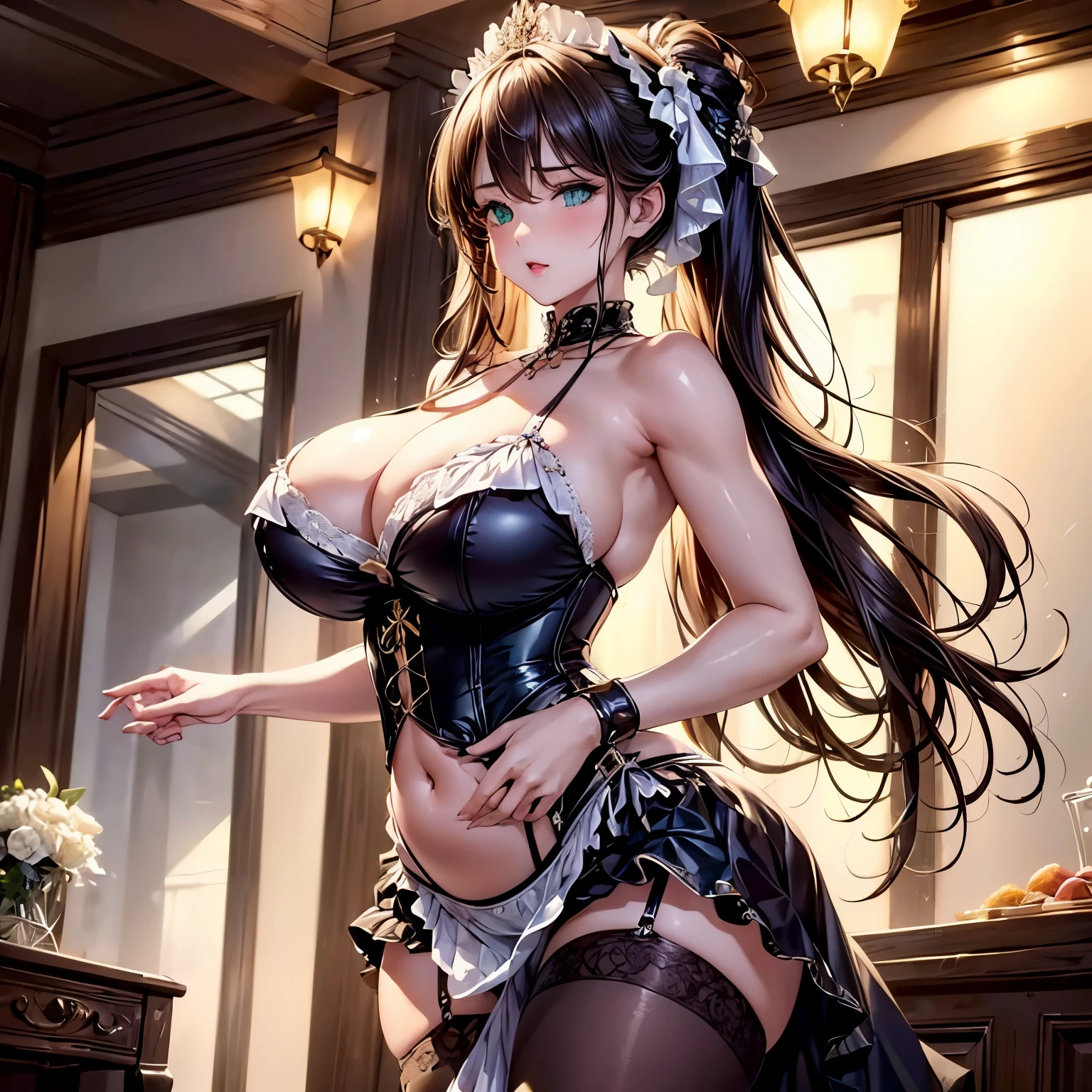 (best quality, highres:1.5), 1 girl, beautiful, intricately detailed porcelain skin, alluringly vivid green eyes, extreme close-up of expressive eyes and long lashes, hourglass figure, voluptuous cleavage highlighted by plunging neckline of black-and-white-striped corset, toned midsection and curvy hips, seductive stance with hands clasped, Long brunette hair cascades down her back in loose, effortless waves, revealing ample cleavage, shimmering body sheen showing a slight glisten of sweat, extravagant French maid outfit, black-and-white-striped corset