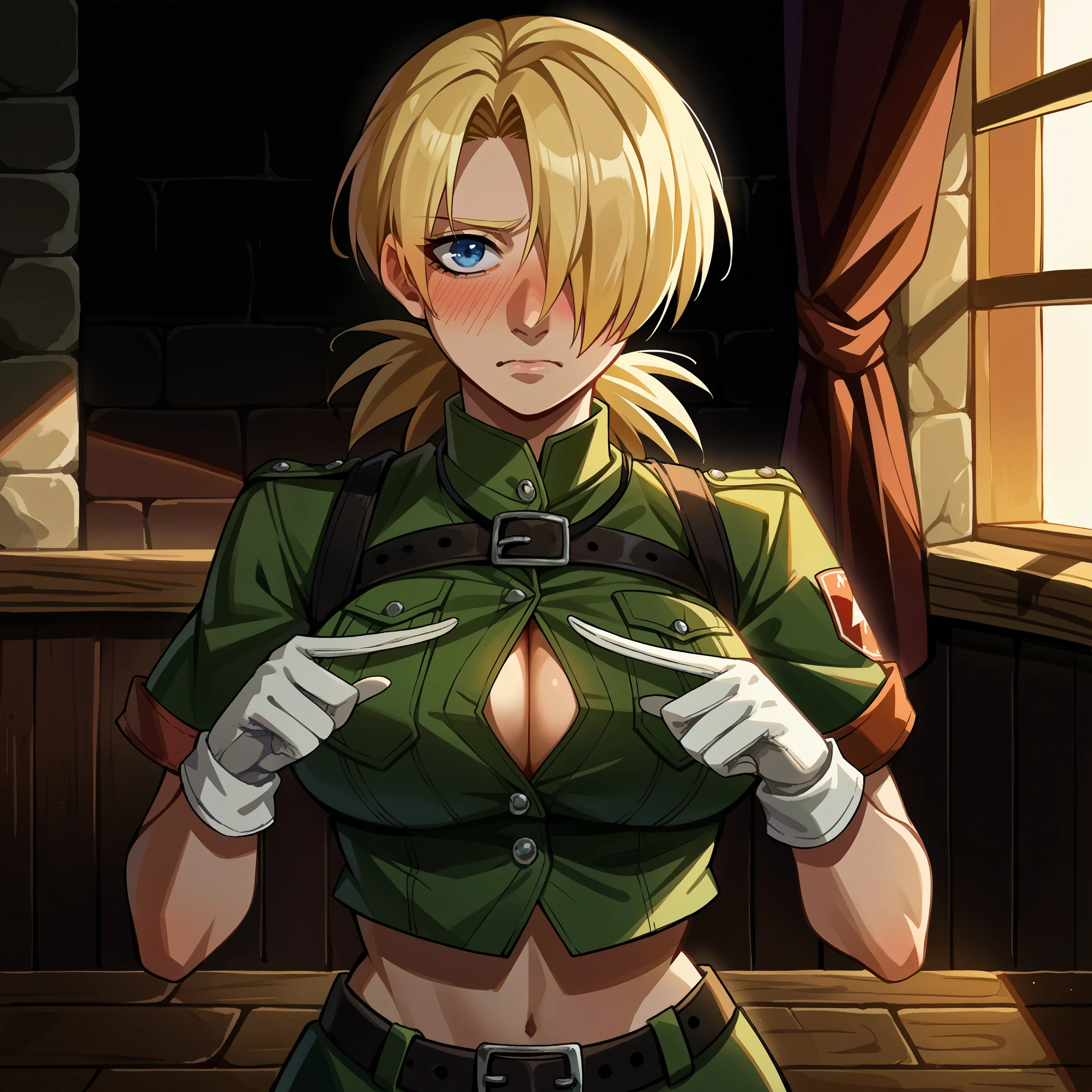 score_9, score_8_up, score_7_up, source_anime, rating_safe, solo, 1girl, seras victoria, hellsing, blush, shy, looking at viewer, index fingers together, blonde hair, hair over one eye, blue eyes, crop top, no bra, short sleeves, white gloves, large breasts, indoors, medieval, medieval interior