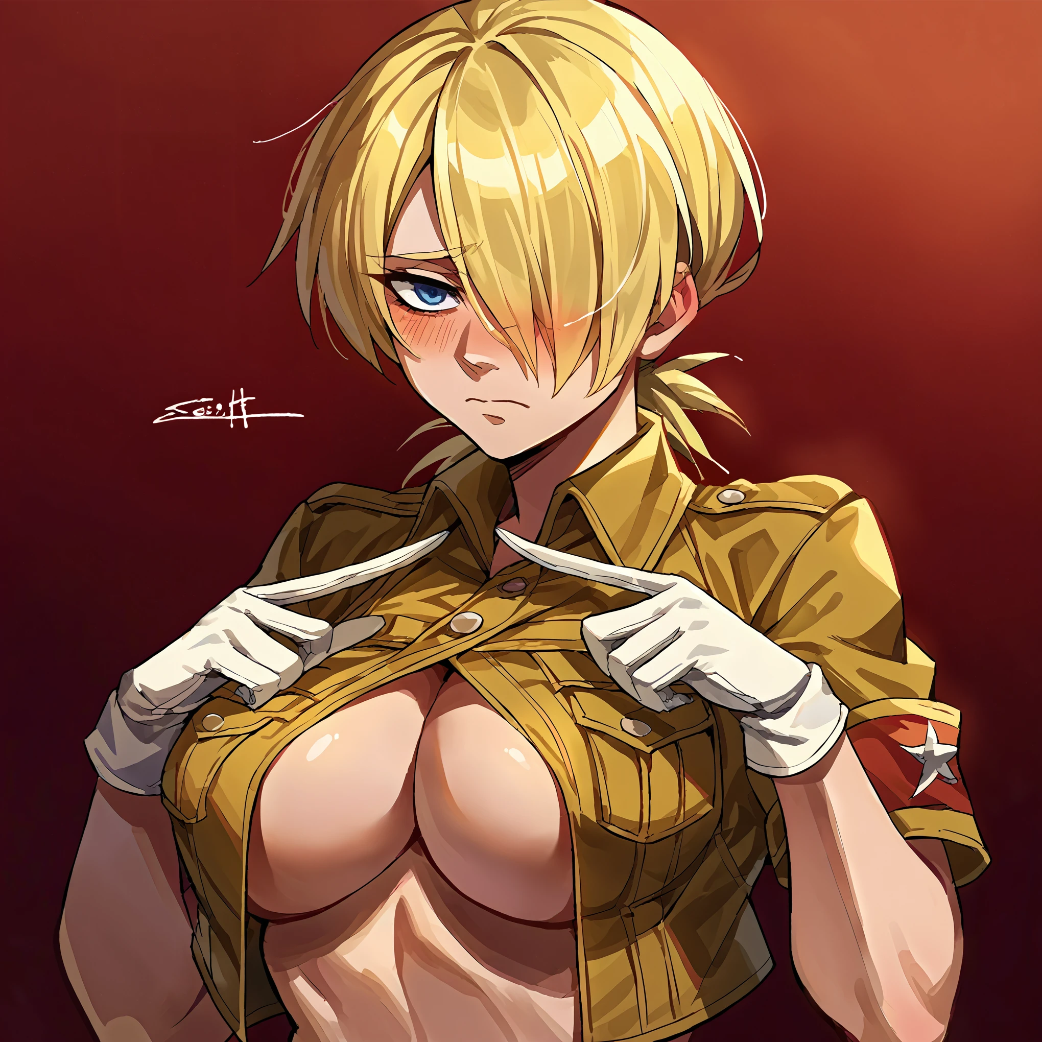 score_9, score_8_up, score_7_up, source_anime, rating_safe, solo, 1girl, seras victoria, hellsing, blush, shy, looking at viewer, index fingers together, blonde hair, hair over one eye, blue eyes, crop top, no bra, short sleeves, white gloves, large breasts 