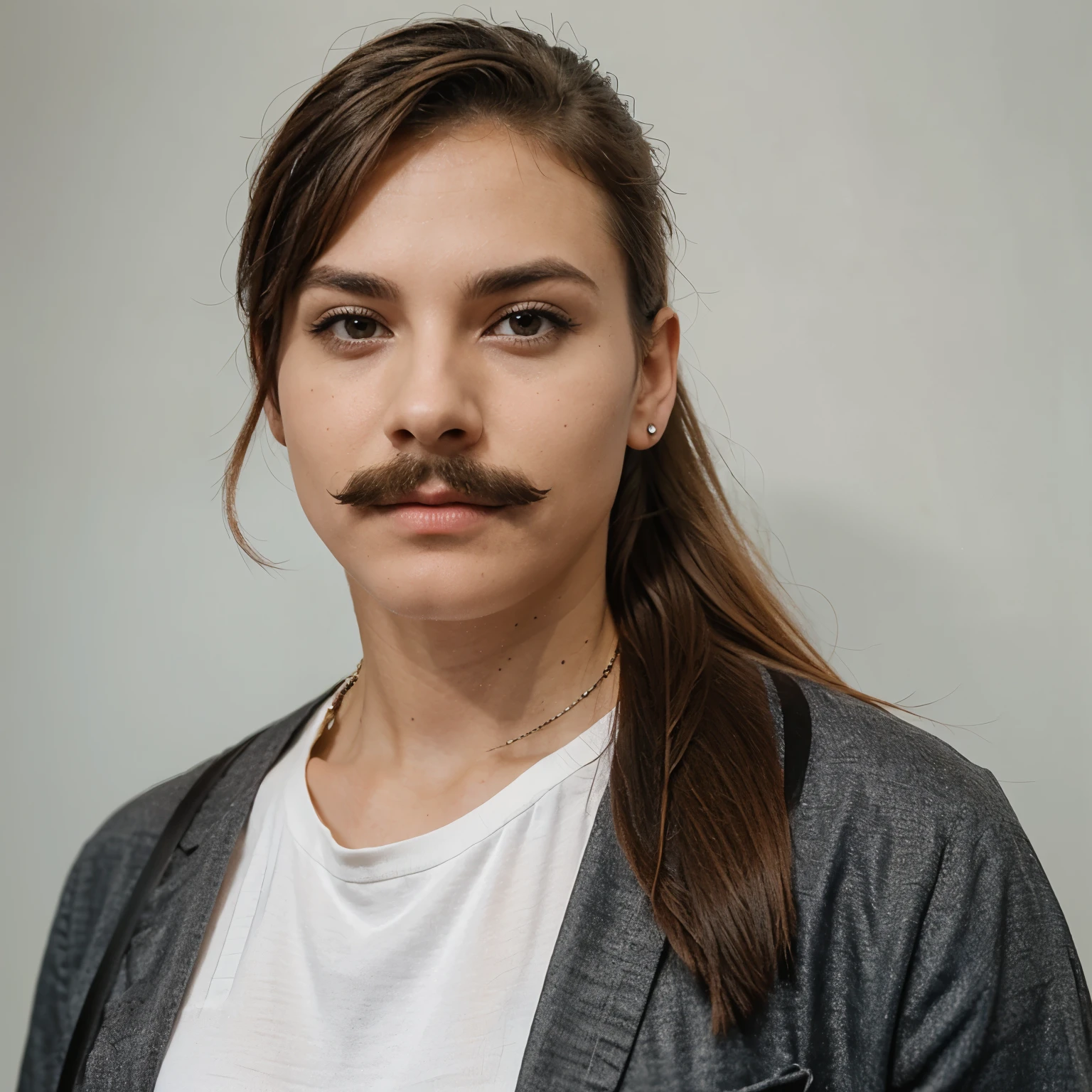 female with shaved mullet and thick moustache