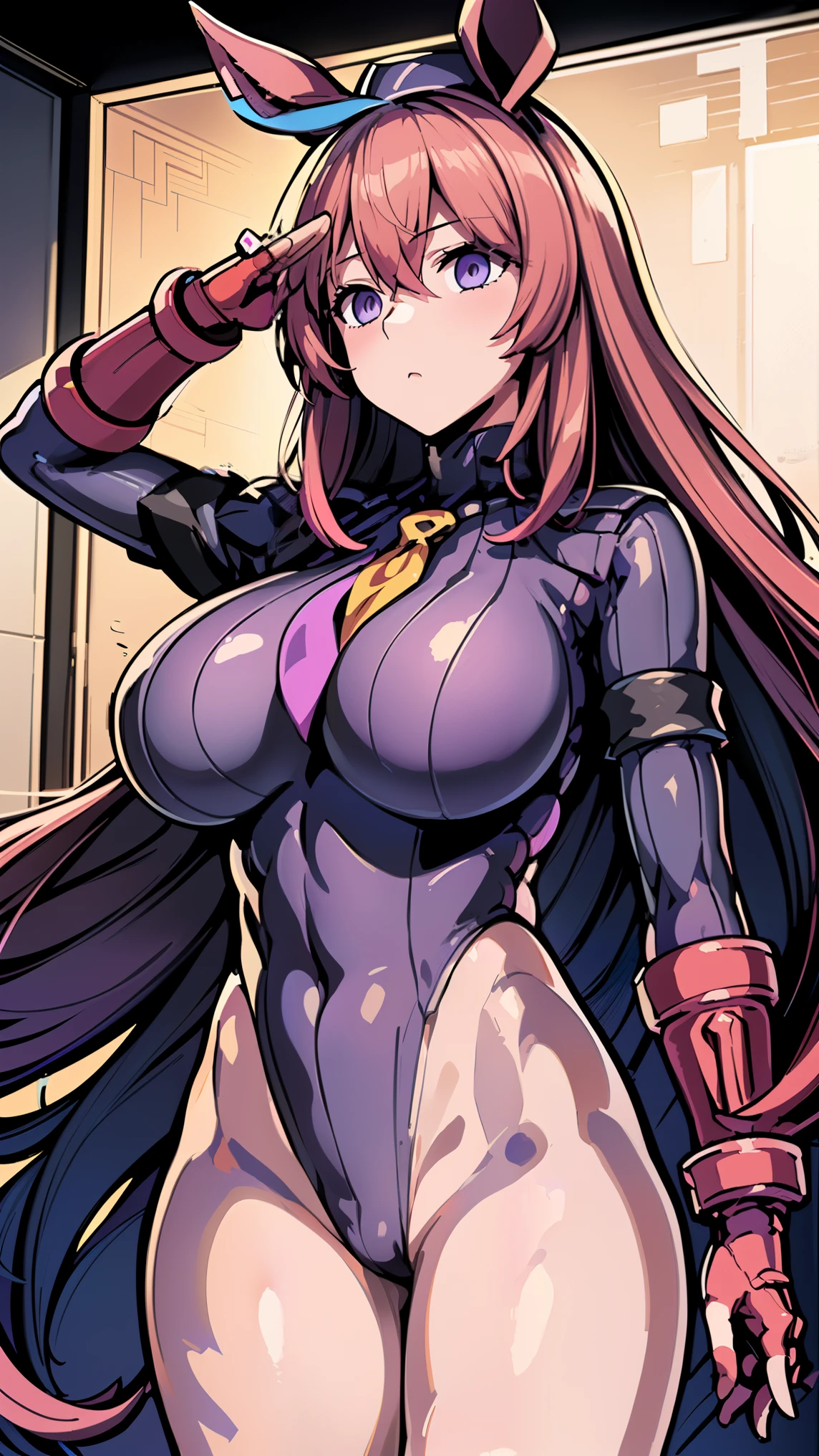 1 girl,NSFW,mihono bourbon, (Uma Musume),horse ears, clavicle, absurd, brainwashing,Combatant, empty eyes,((purple glowing eyes 1.5))( huge breasts ), No expression, emotions removed,((black shadaloo suit)),avert your eyes , whole body shape, ((stand up, salute)),(highest quality、4k、8K、High resolution、must have:1.2)、Super detailed、(reality、that&#39;s reality的な、reality的な:1.37)、ticker、hyper hd、studio lighting、ultra definition paint、sharp focus、Physically based rendering、extreme details、Professional specifications、vibrancy and color、blurry、sports portrait、landscape、horror style、anime big breasts、SF、photograph、concept artist、five fingers, perfect body,  {{{masterpiece}}}, {{{highest quality}}}, {{Super detailed}}, {shape}, {{very delicate and beautiful}},Improved cost performance、all roles、Canon 5D MK4でphotograph、photograph, 