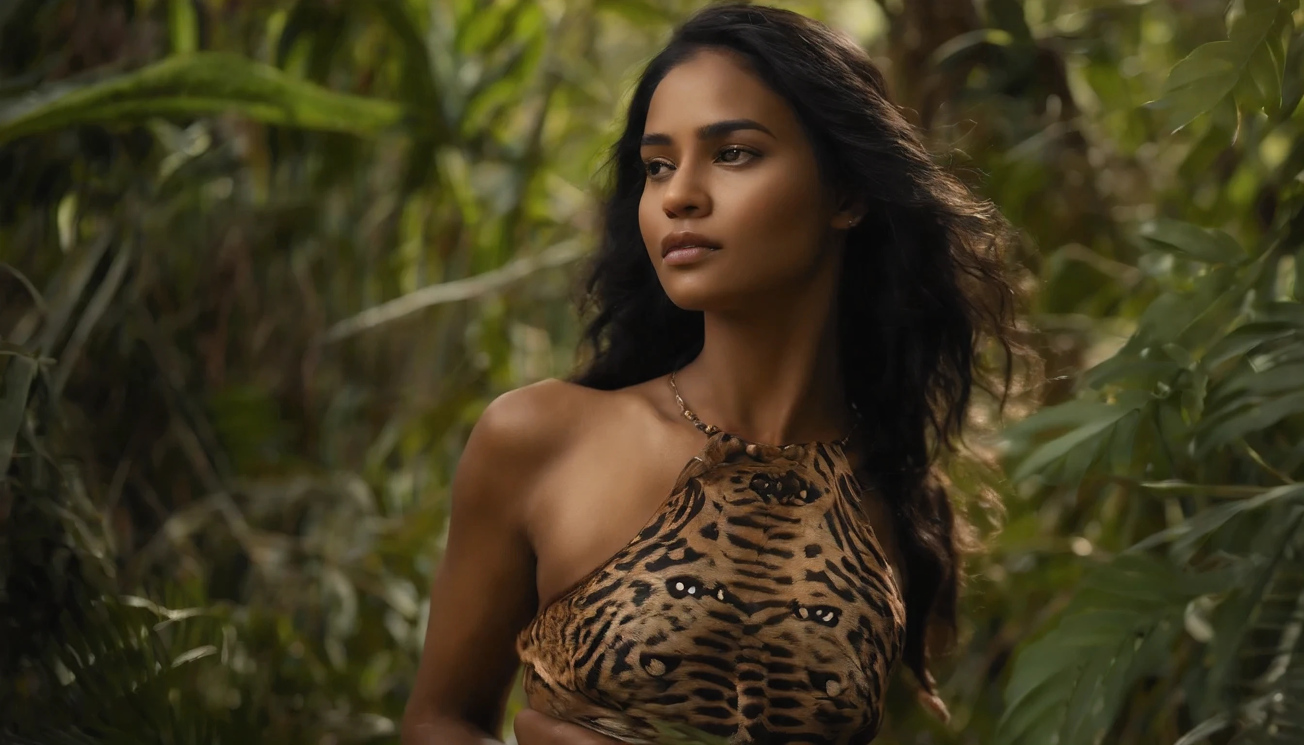 On a deserted island, enveloped by lush tropical vegetation, a 25-year-old young woman captivates the gaze with her breathtaking beauty. Her black hair, as dark as the night, cascades in soft locks around her face, while her brown eyes shimmer with irresistible magnetism. Her striking physique is in perfect harmony with the sinuous and sexy curves accentuated by the ripped jeans she wears and the extremely short bodysuit that leaves little to the imagination. But it's not just her presence that draws attention on this remote island. Next to her, in a captivating play of danger and attraction, lies an enormous tiger, hidden among the vegetation. The tiger, with its fierce gaze and powerful body, represents a force of wild nature that contrasts with human beauty and desire. In this suggestive scenario, the young woman and the tiger seem to share a secret space, a sort of dance between danger and seduction. The atmosphere is charged with tension and mystery, as both creatures scrutinize each other with a blend of fascination and caution. What will happen on this deserted island, where human allure clashes with animal power? Will the young woman manage to tame the tiger with her magnetism, or will she be forced to confront a reality wilder than she ever imagined?