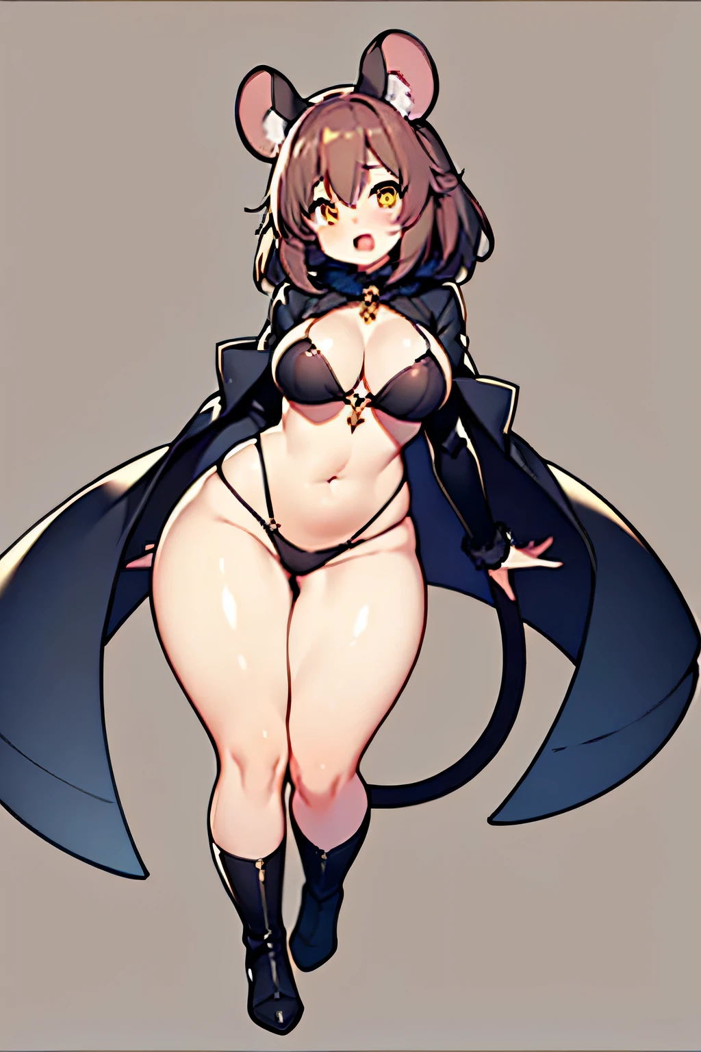 one woman, Girl, mouse ears, mouse tail, yellow eyes, brown hair, adventurer outfit, thief, cute, Medium bust, wide hips, full body, sexy