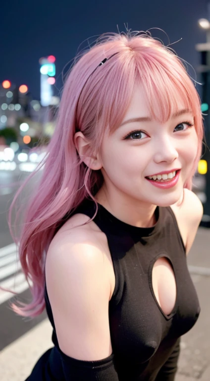 1 girl、Tokyo street、night、cityscape、city lights、Upper body、close up shot、blue eyes,full body,face、(laughter:1.5)、small breasts、high 、black long sleeve、(8K、RAW photo、highest quality、masterpiece:1.2)、(realistic、photo realistic:1.37), (pink hair), ear hair, , single blade, (single blade), (side blade)、naked