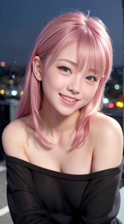 1 girl、Tokyo street、night、cityscape、city lights、Upper body、close up shot、blue eyes,full body,face、(laughter:1.5)、small breasts、high 、black long sleeve、(8K、RAW photo、highest quality、masterpiece:1.2)、(realistic、photo realistic:1.37), (pink hair), ear hair, , single blade, (single blade), (side blade)、naked